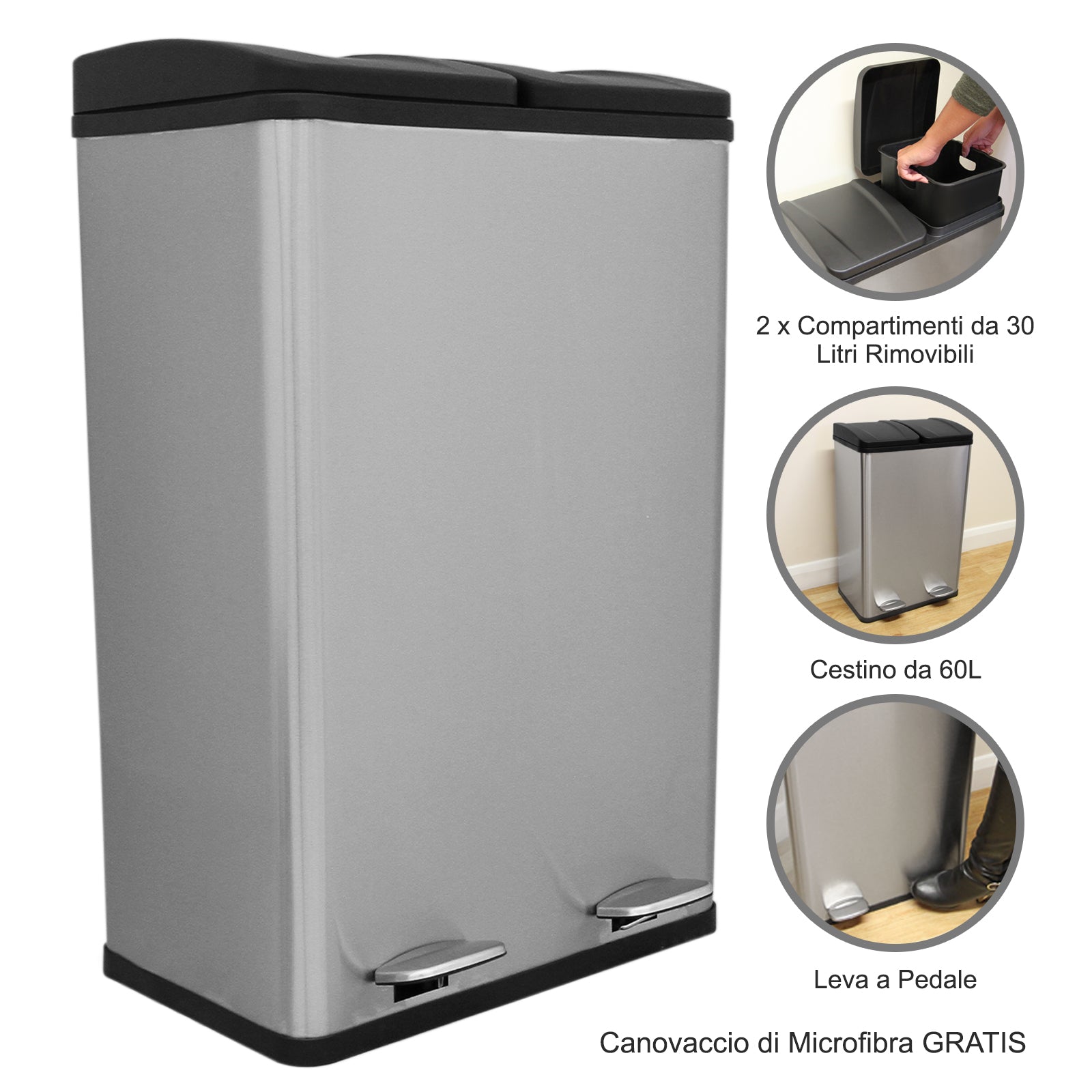 Q-Rax Deposito all'Aperto Pattumiera 60L Acciaio 2x30L Pedale