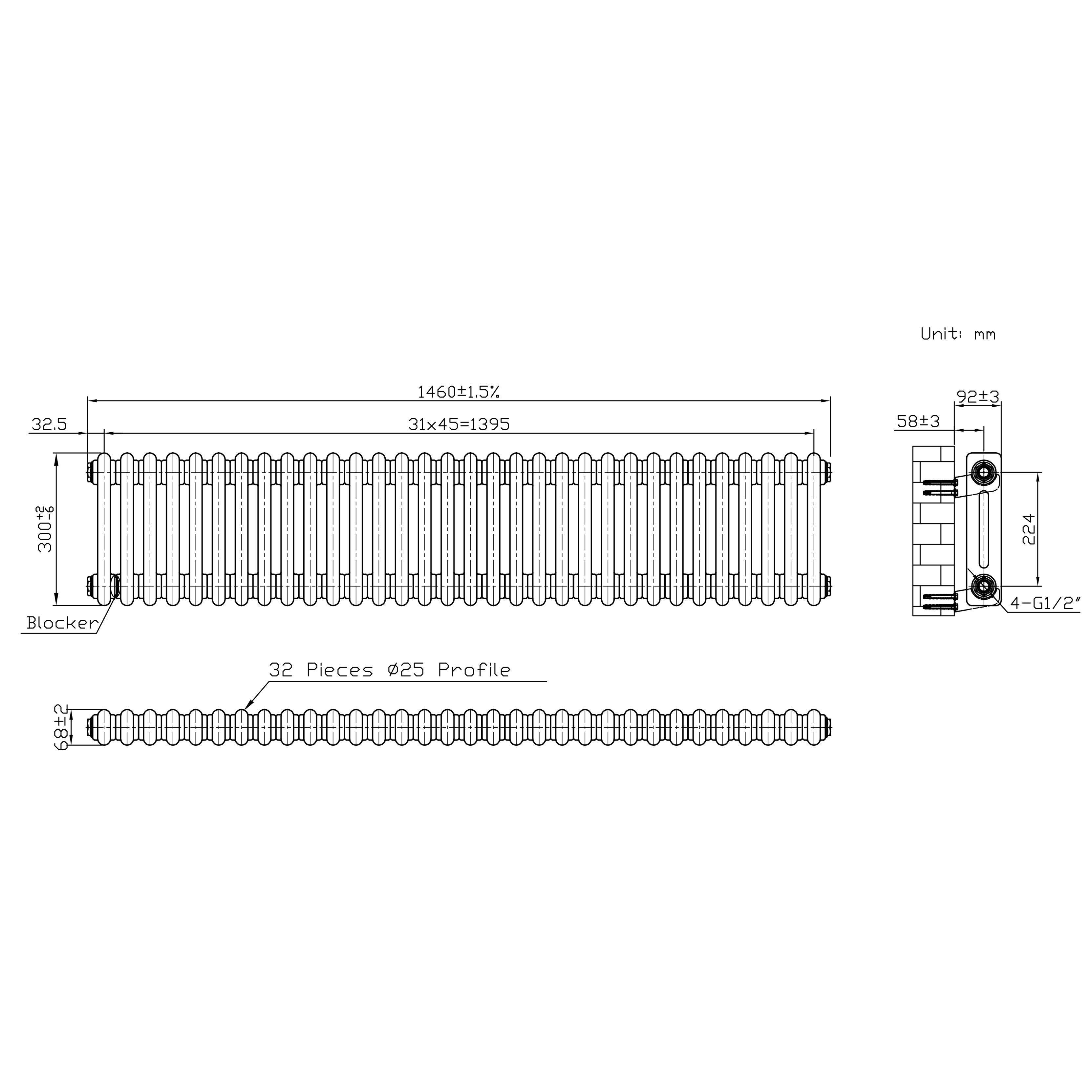 Q-Rax Radiatore 2 Colonne 300x1460 mm Metallo Grezzo