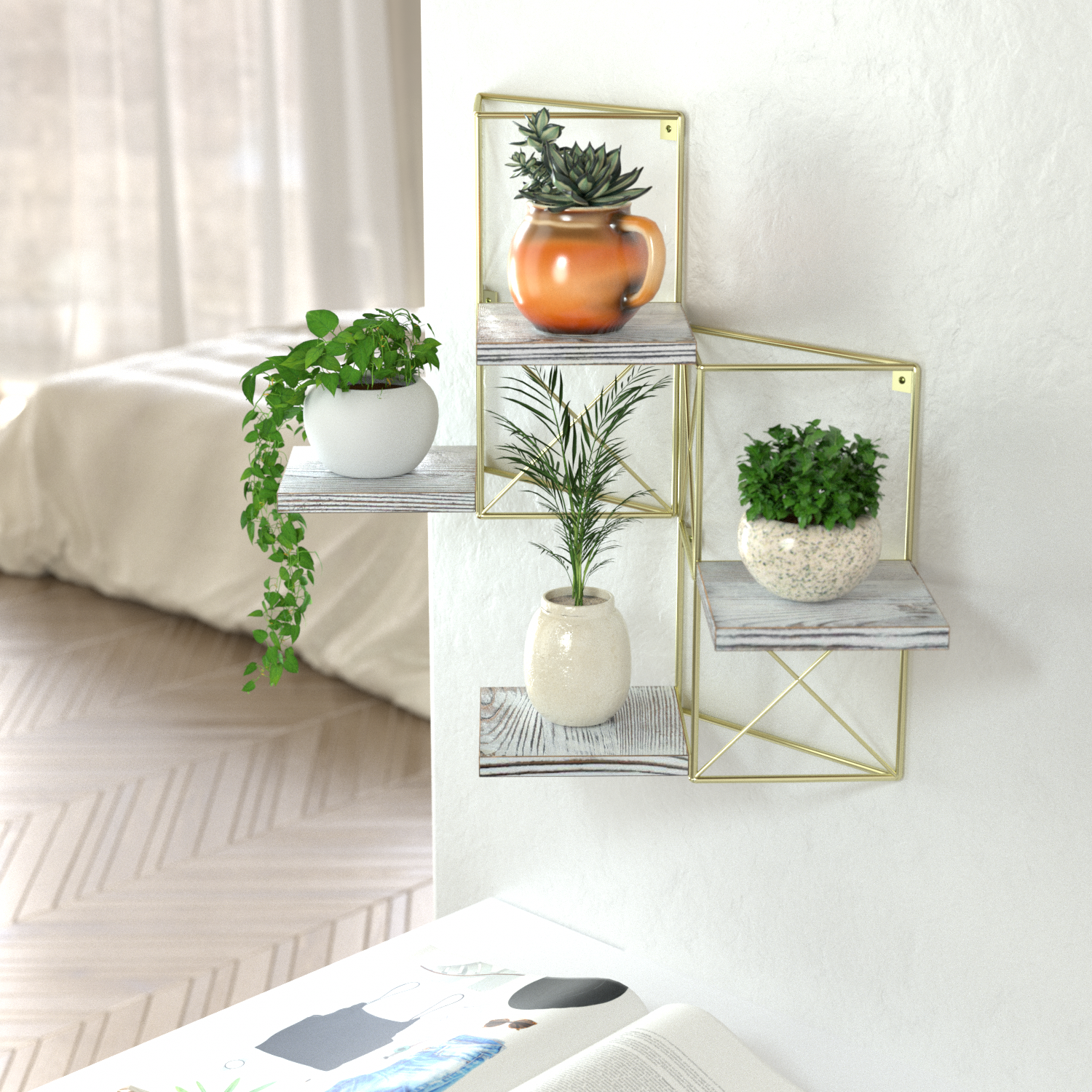 Jackcube Design Plant mensole piante parete set 2 oro legno