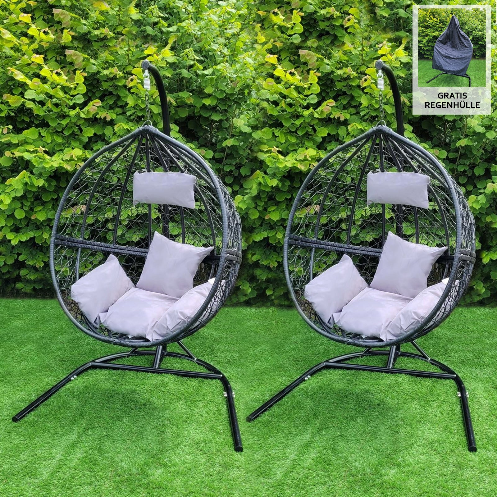 Q-Rax Sedia Sospesa Uovo Rattan Nero 2 Poltrone 150kg