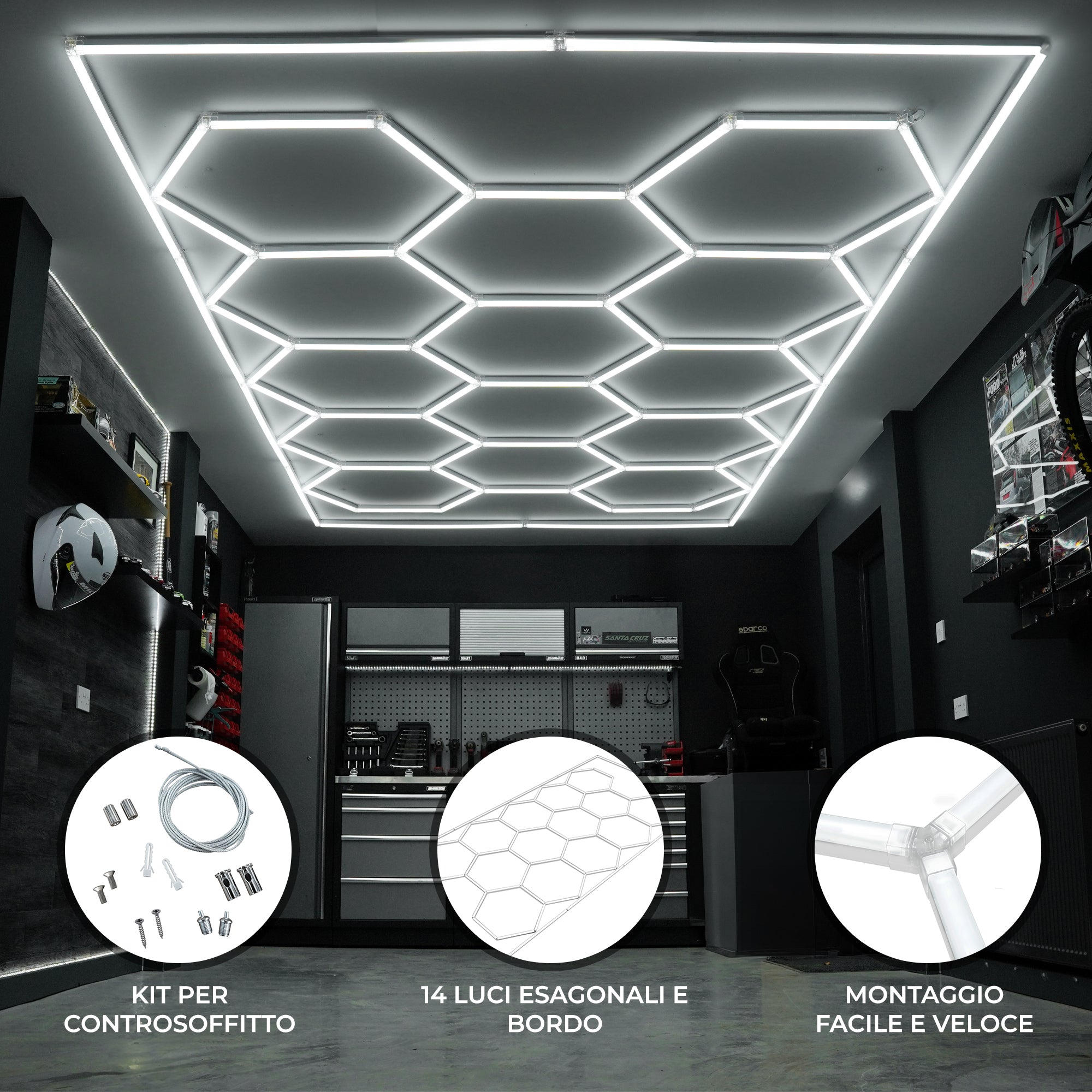 Q-Rax Piastrelle Ventilate Esagonale 14 plafoniera LED 6000K cornice