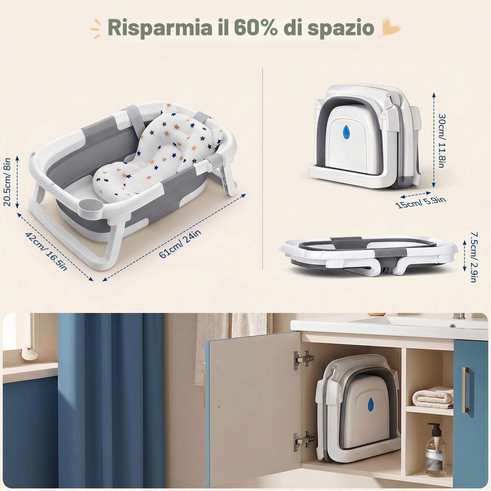 DEANIC Vasca Neonato Pieghevole Grigia 0-24 Mesi con Cuscino