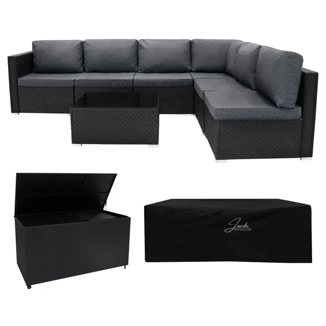 Q-Rax Set 7 pezzi divano rattan nero con baule 700L