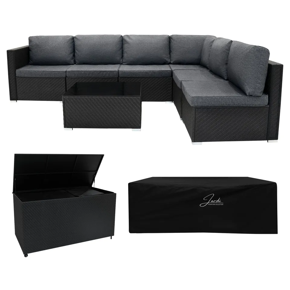 Q-Rax Set 7 pezzi divano rattan nero con baule 700L