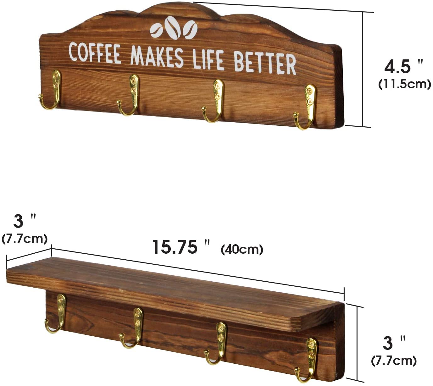 Jackcube Design Kitchen Portatazze Parete Legno Set 2 Pezzi 8 Ganci