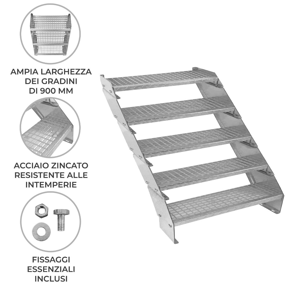 Q-Rax Scala Zincata Regolabile 5 Gradini Larghezza 900mm