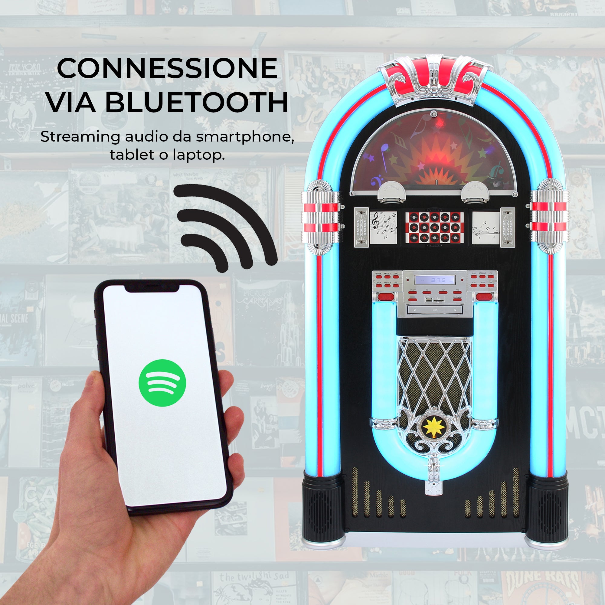 Q-Rax Vintage jukebox nero bluetooth giradischi LED