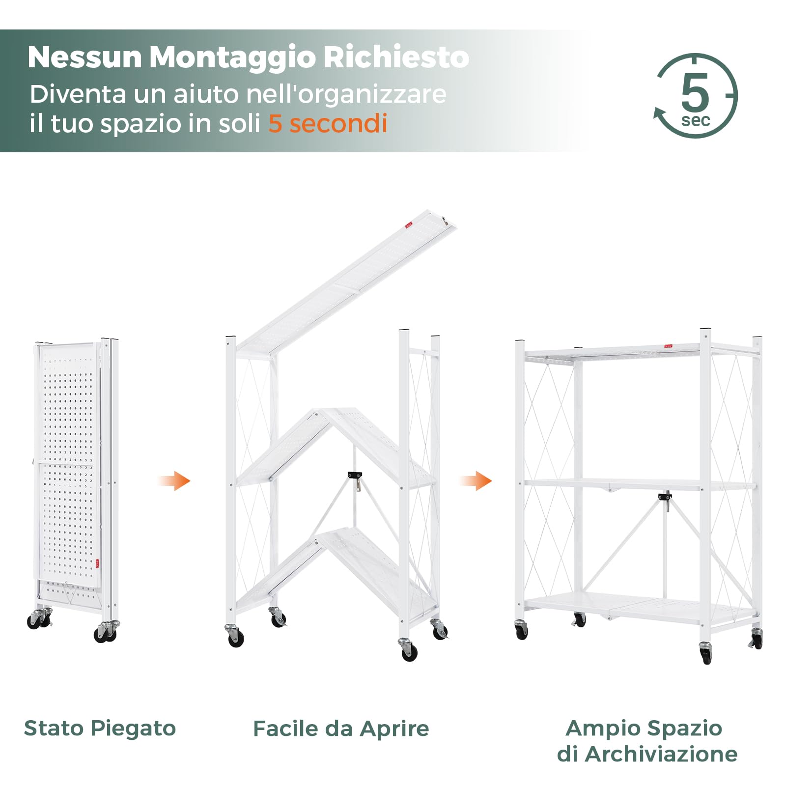 DEANIC Folding Storage Shelves scaffale metallo bianco 3 ripiani