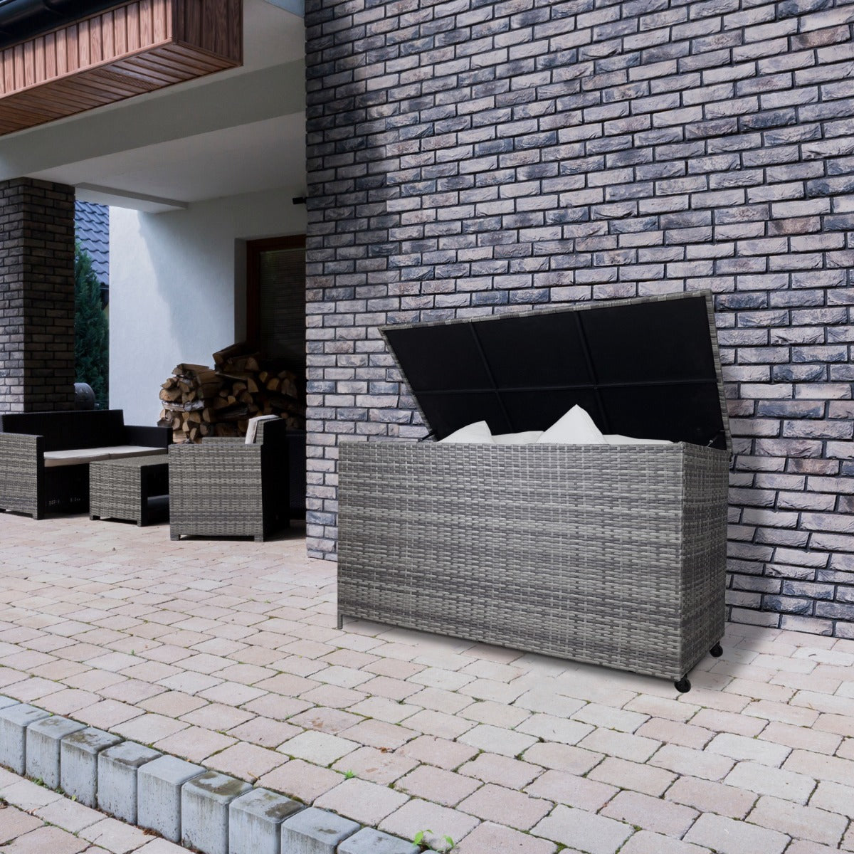 Q-Rax Box Giardino Rattan Grigio 582L Baule Cuscini Esterno