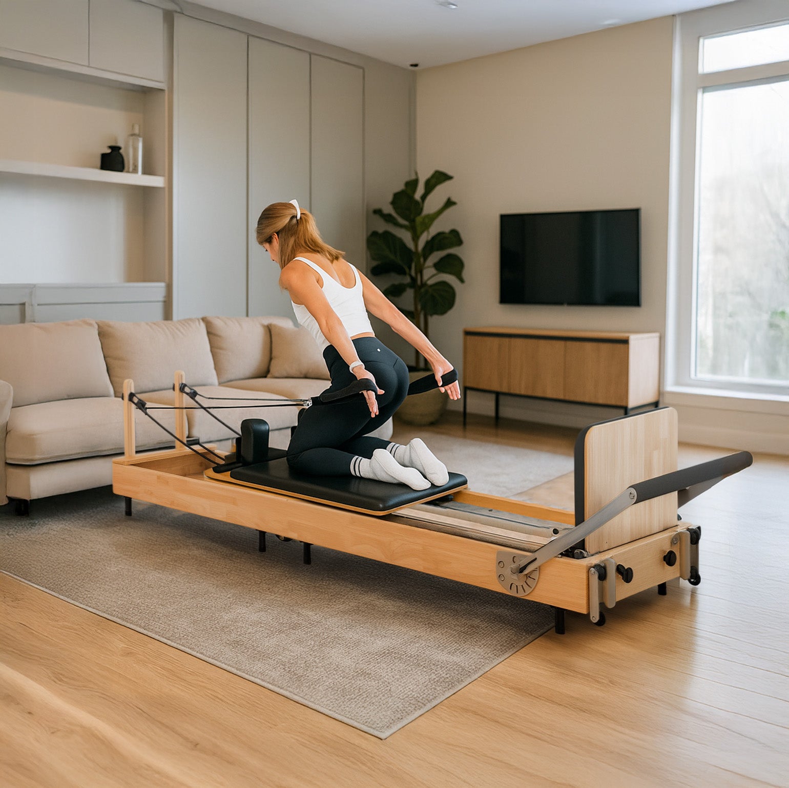 Q-Rax Macchina Pilates Reformer Rovere Pieghevole 5 Molle