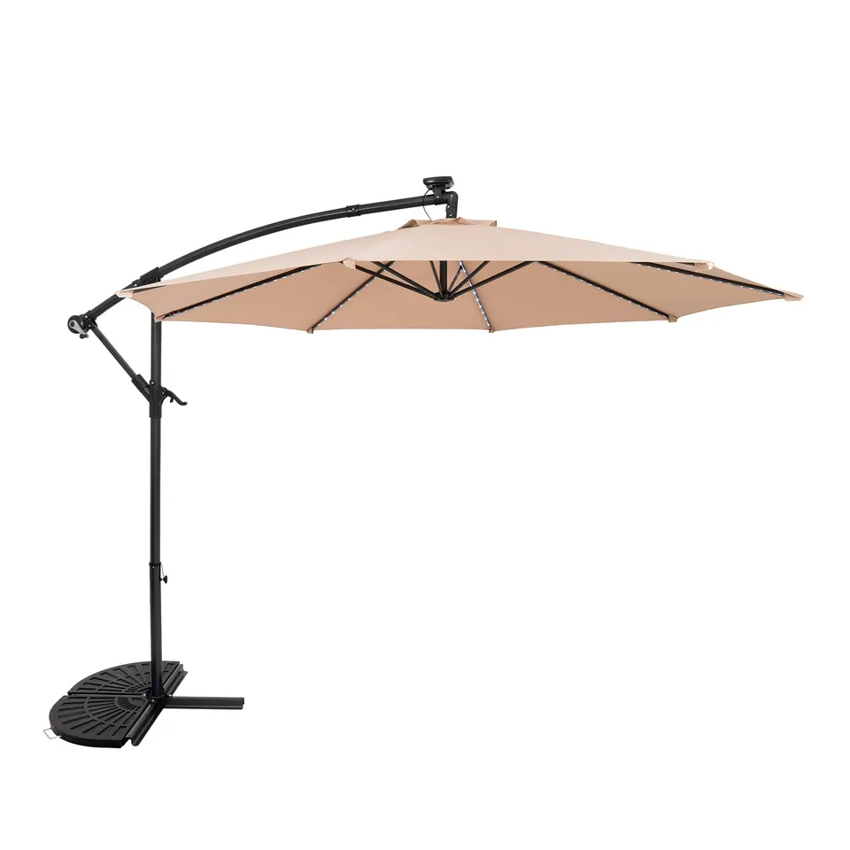 Q-Rax Ombrellone Decentrato LED 3m Beige con Base a Ventaglio