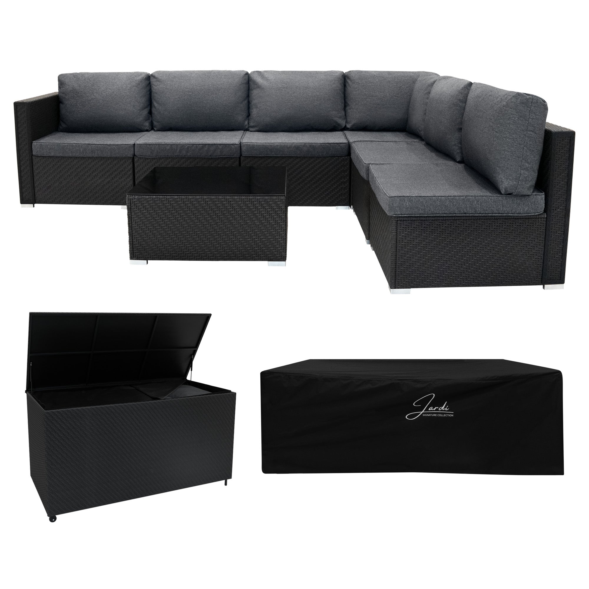 Q-Rax Set 7 pezzi divano rattan nero con baule 700L