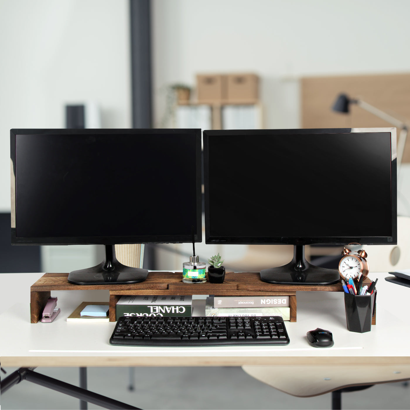 Jackcube Design Home Office Rustic Torched Wood Supporto Doppio Monitor Legno