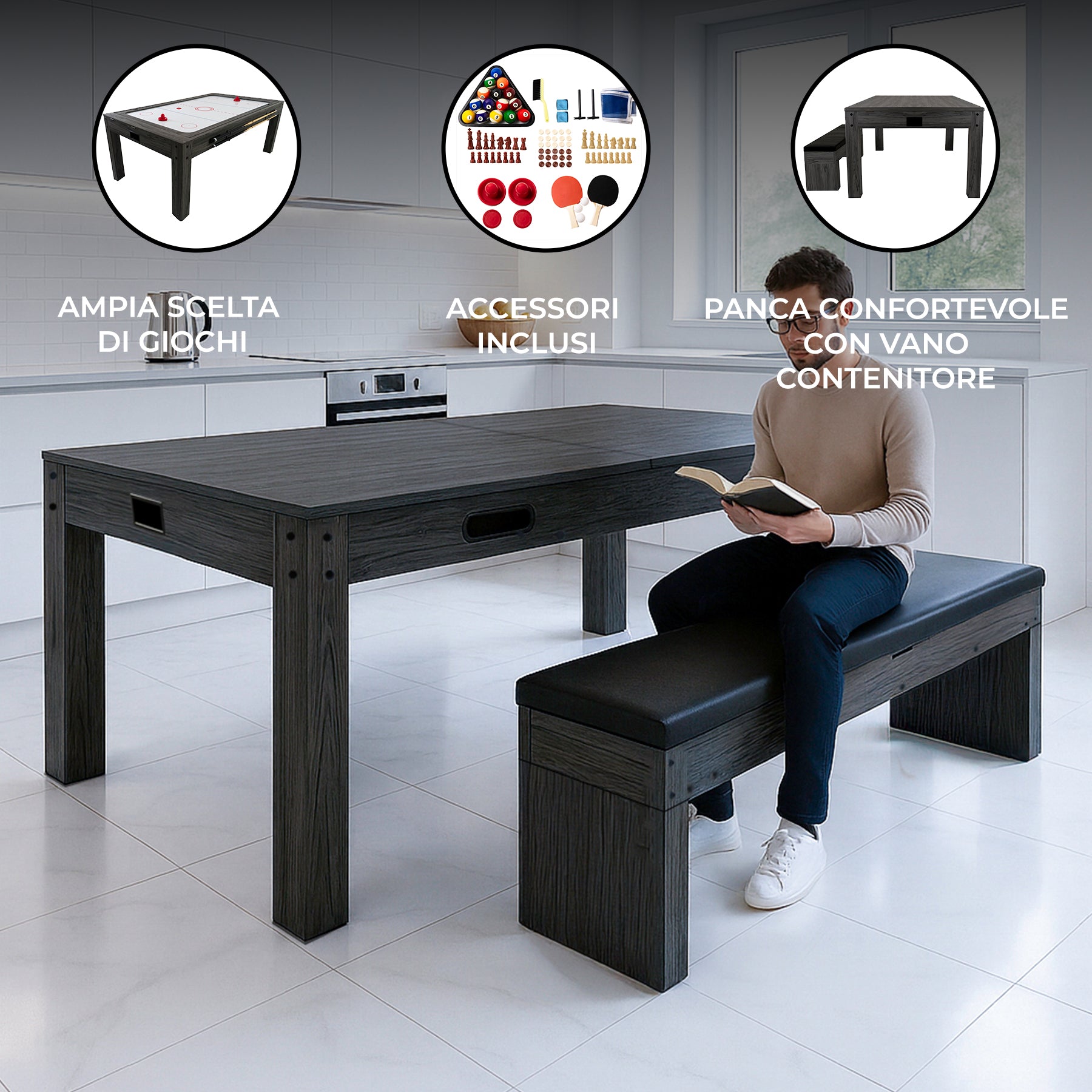 Q-Rax Tavolo Multigioco 7-in-1 legno grigio 213 cm biliardo