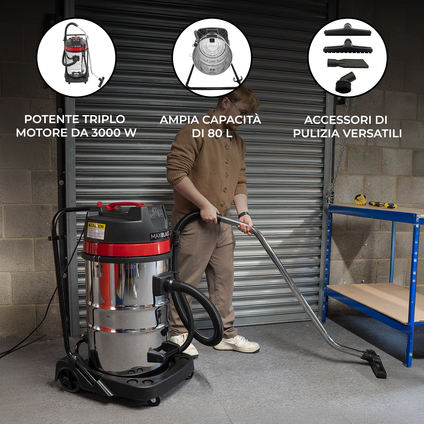 Q-Rax MAXBLAST Aspirapolvere Industriale 80L 3000W secco umido bidone