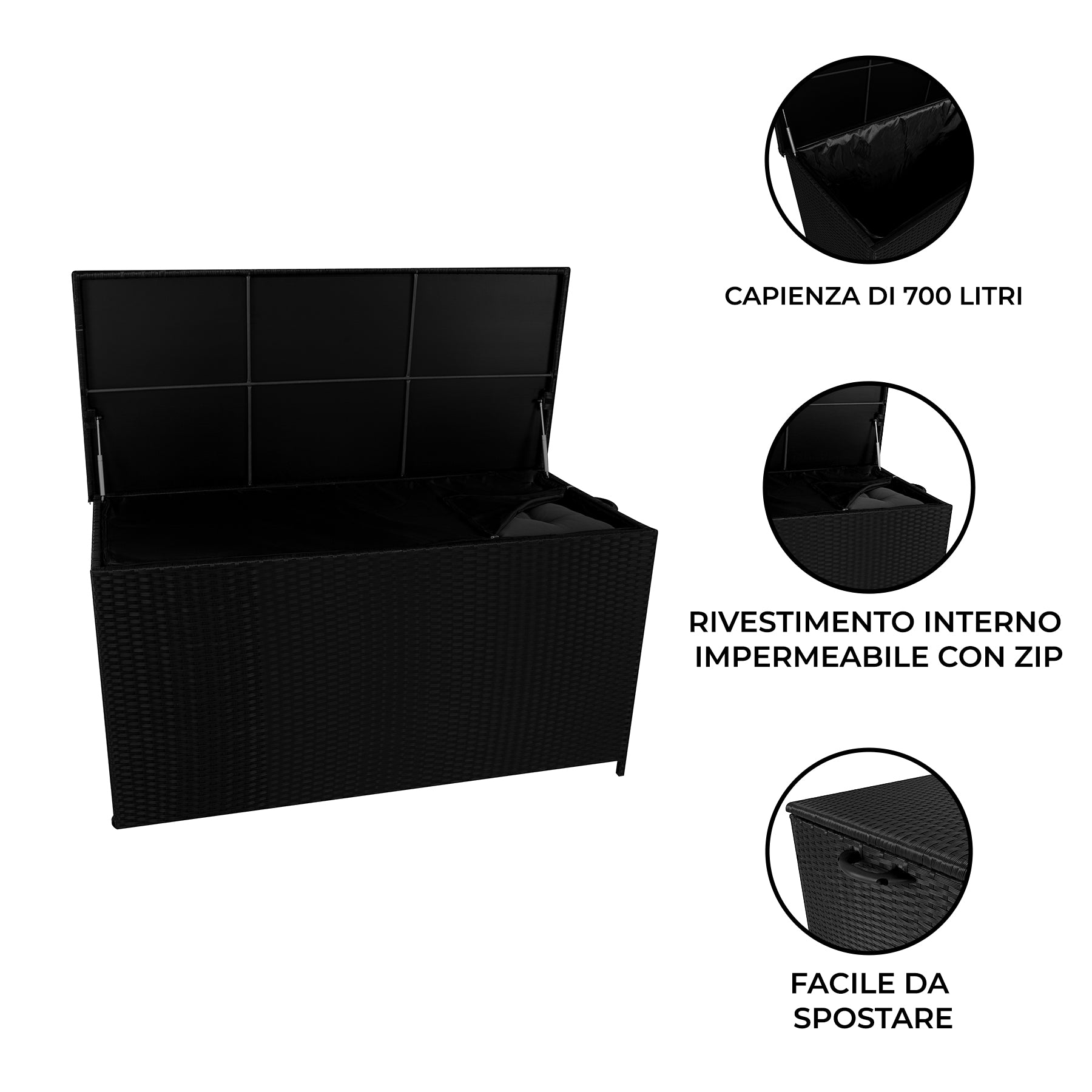 Q-Rax Mobili da Esterno Box Rattan 700L Baule Nero per Cuscini