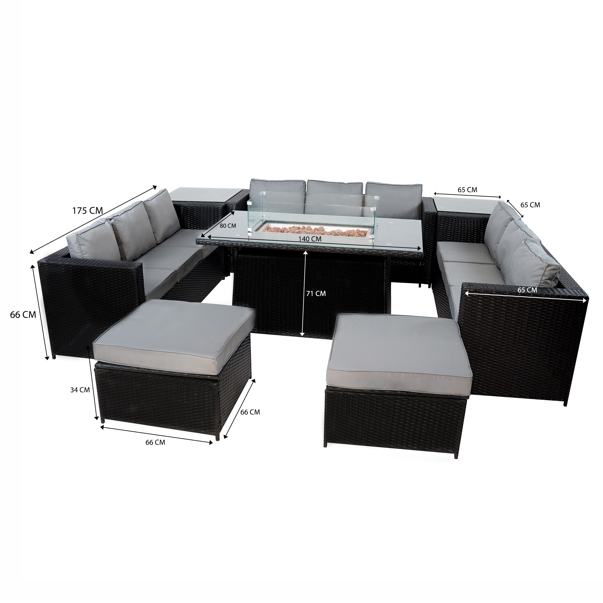 Q-Rax Set Giardino Rattan 11 Posti Tavolo Firepit Nero