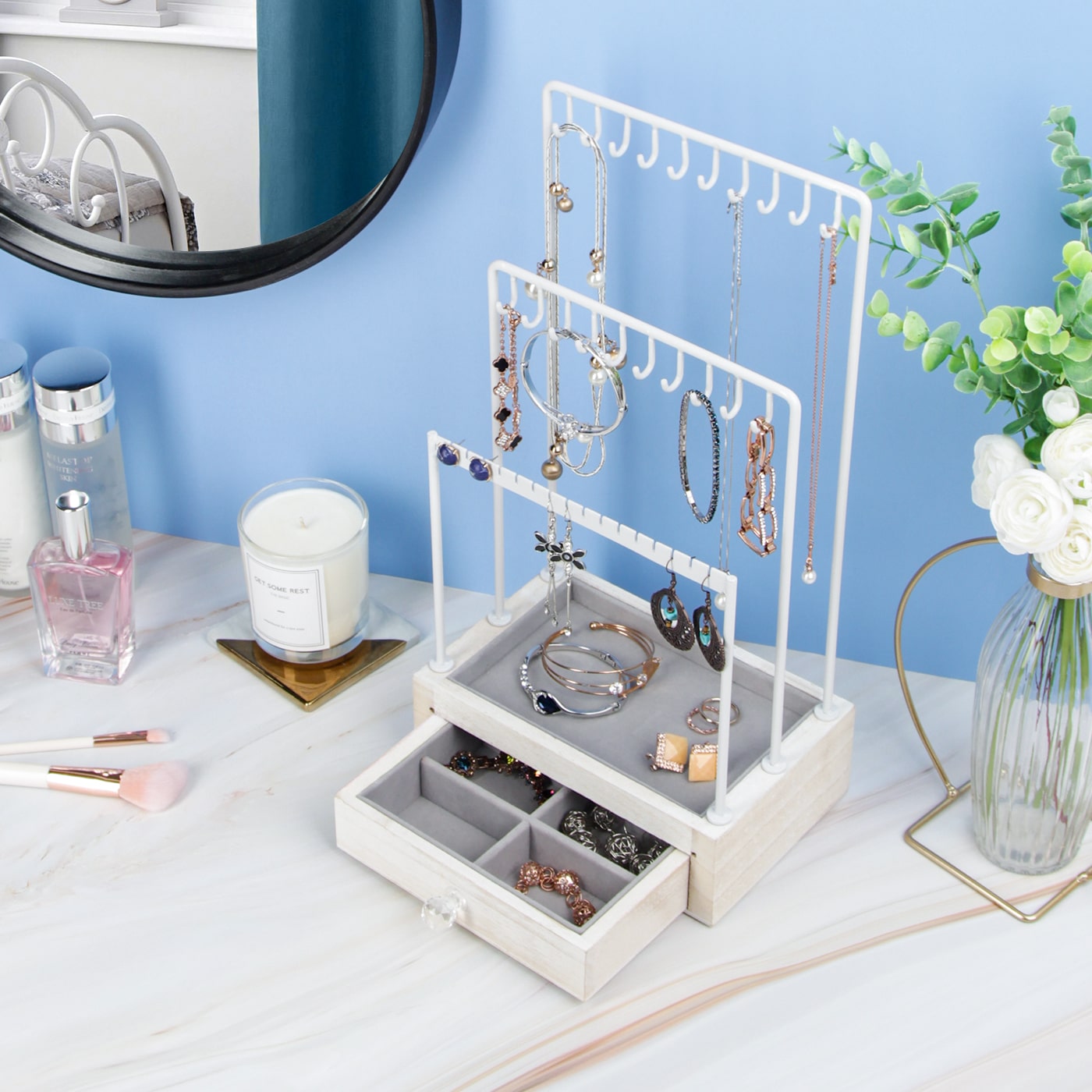 Jackcube Design Makeup & Jewelry espositore gioielli bianco rustico con cassetto