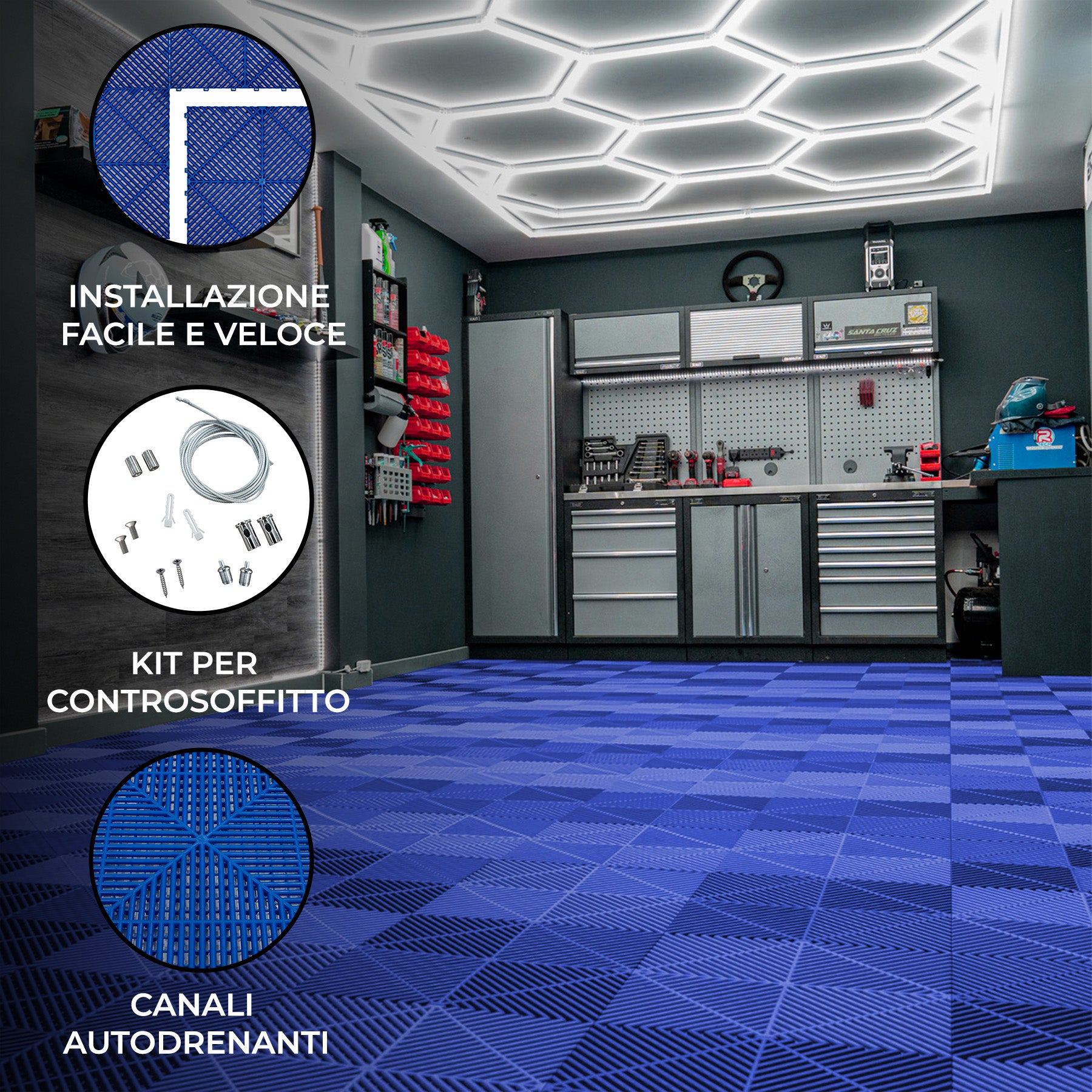 Q-Rax Piastrelle Modulari Blu 120pz + 14 LED Esagonali