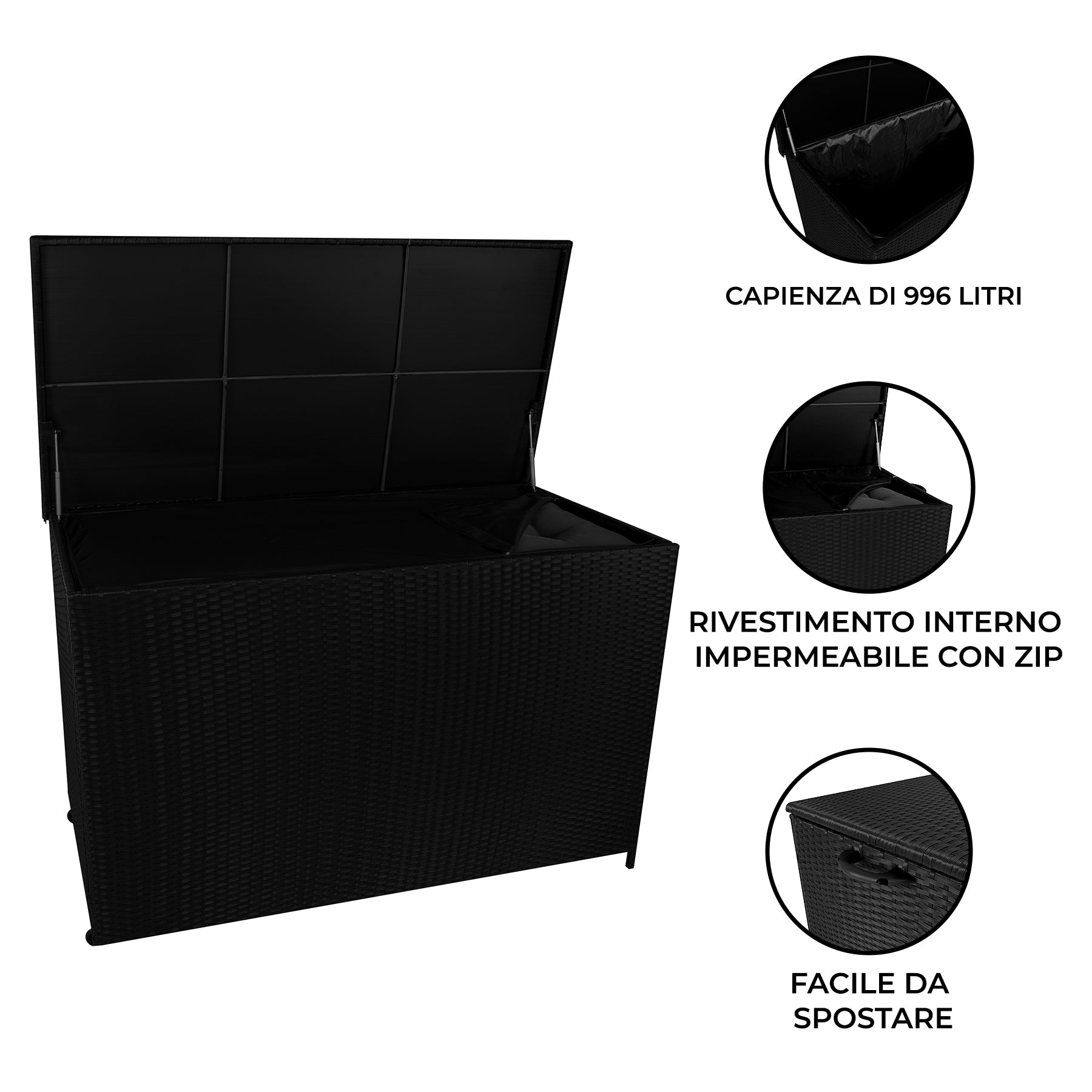 Q-Rax Mobili da Esterno Box Rattan 996L Nero con Ruote