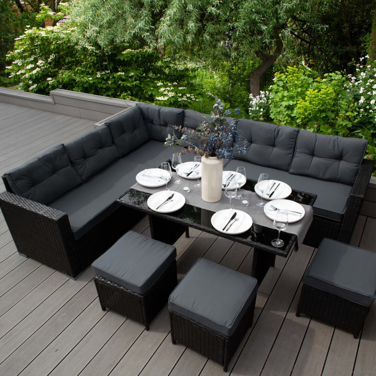 Q-Rax Set Angolare Rattan Nero 9 Posti con Box 582 L