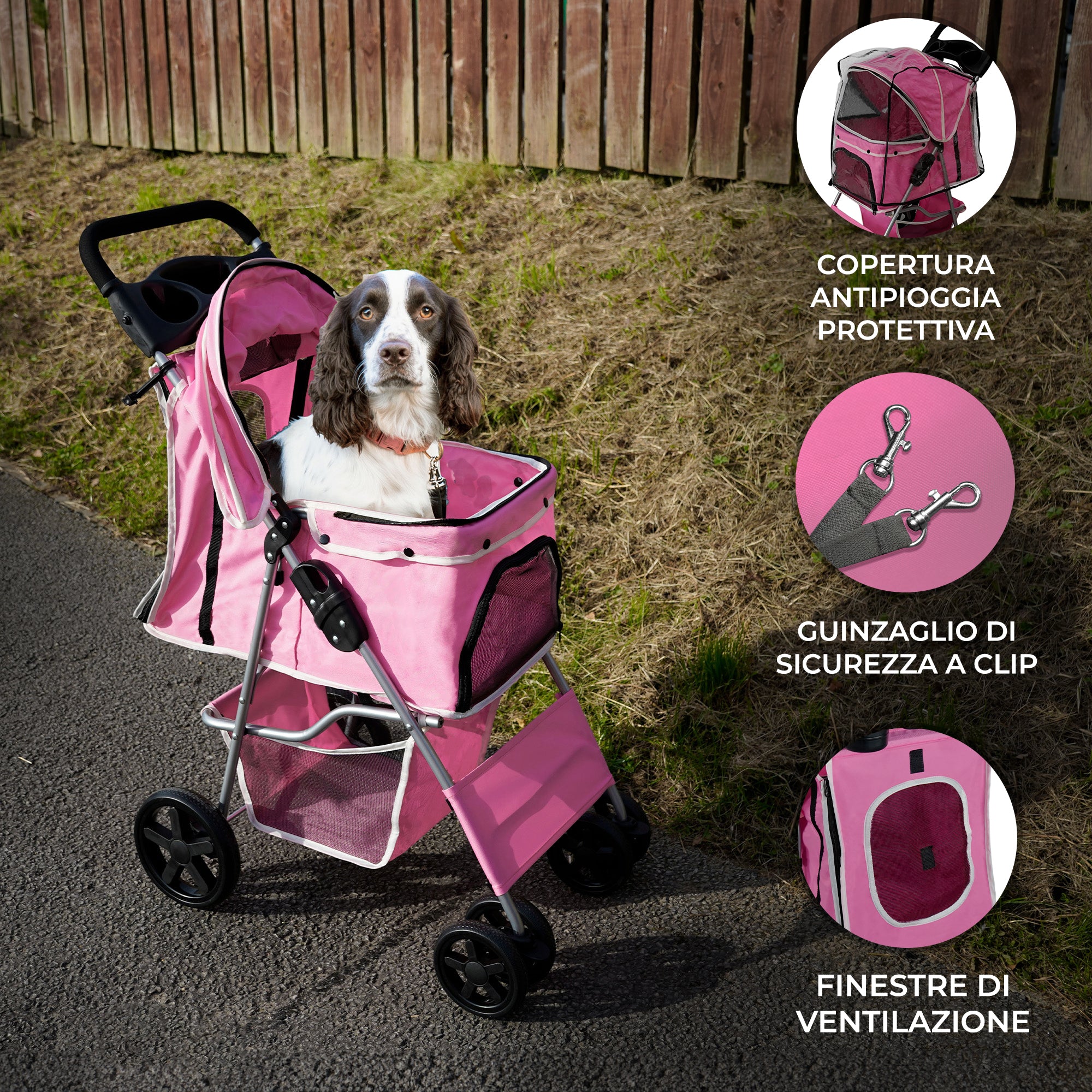 Q-Rax Passeggino Cani Rosa con Parapioggia 15 kg passeggino animali