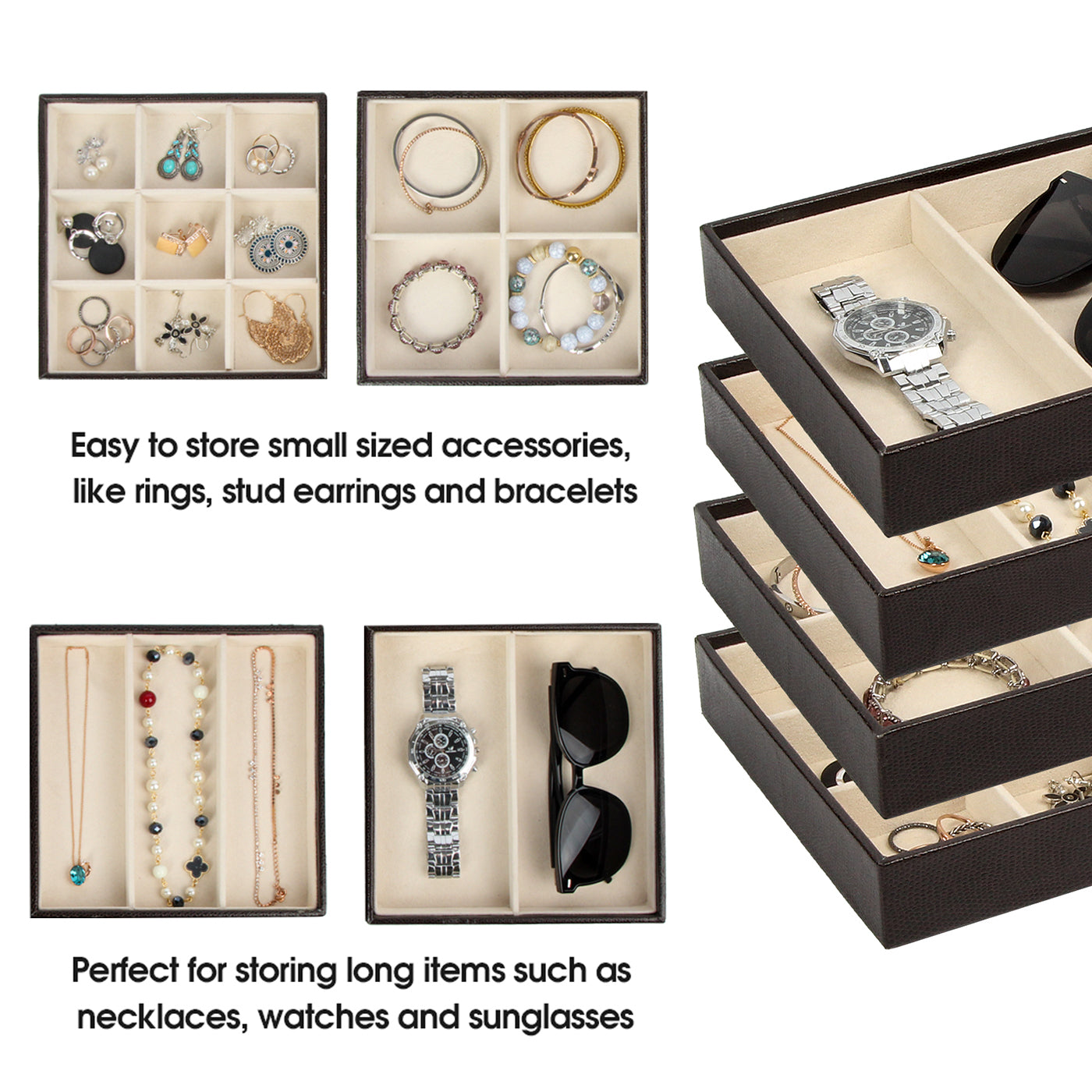 Jackcube Design Set 4 Vassoi Gioielli Pelle Marrone Impilabili