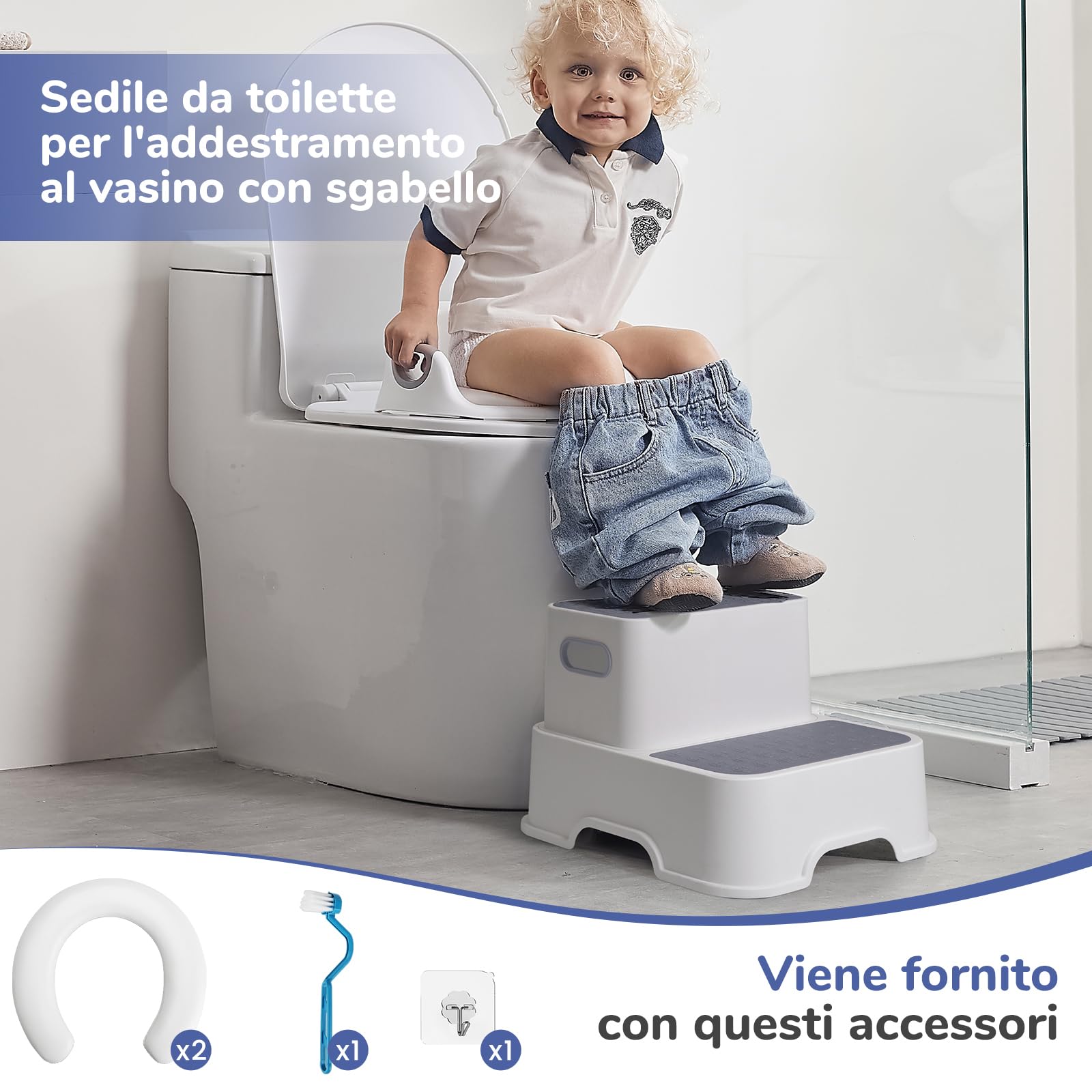 DEANIC Riduttori WC Bambini con Scaletta Grigio 1-6 Anni 2 Cuscini