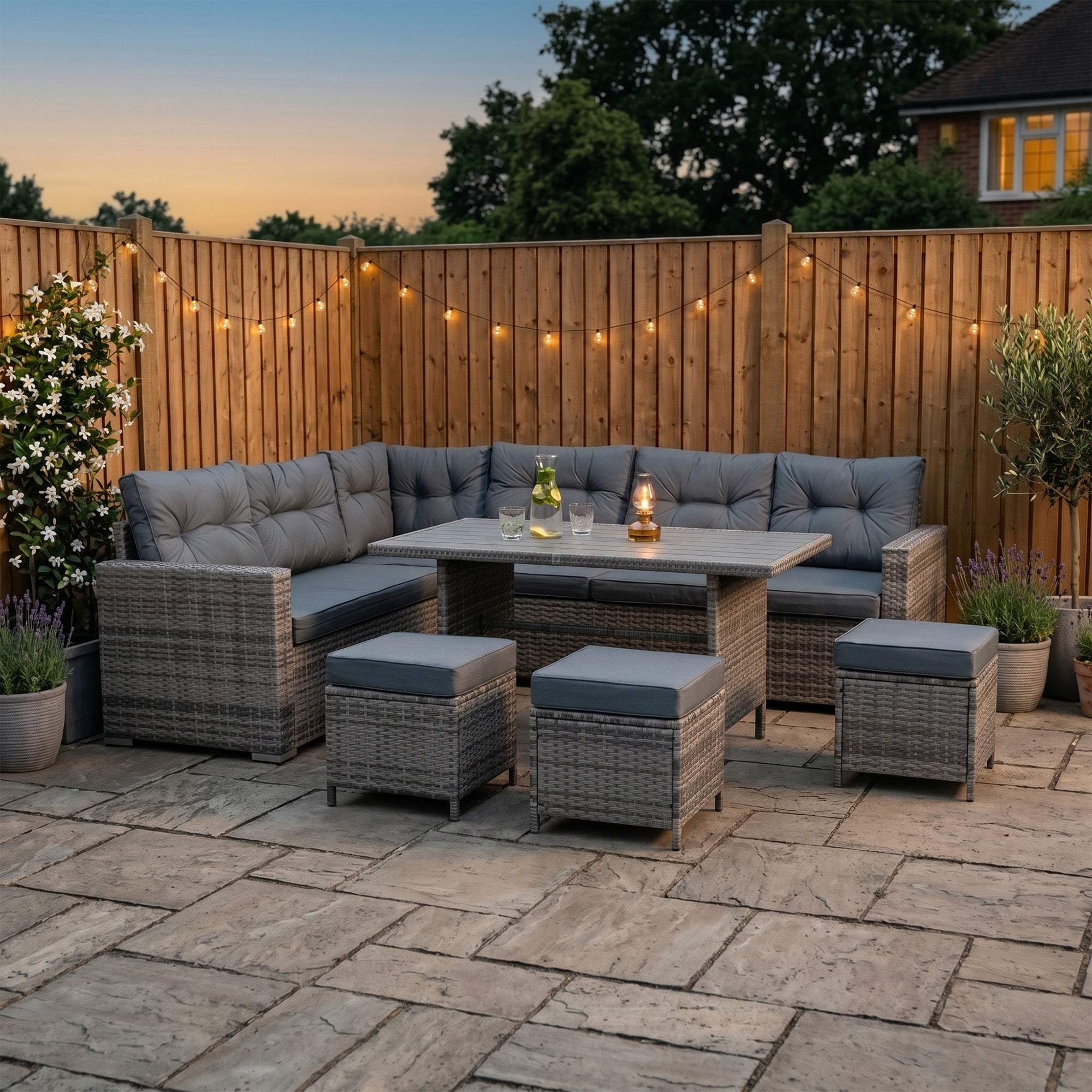 Q-Rax Set Angolare Rattan 9 Posti Grigio Tavolo Polywood