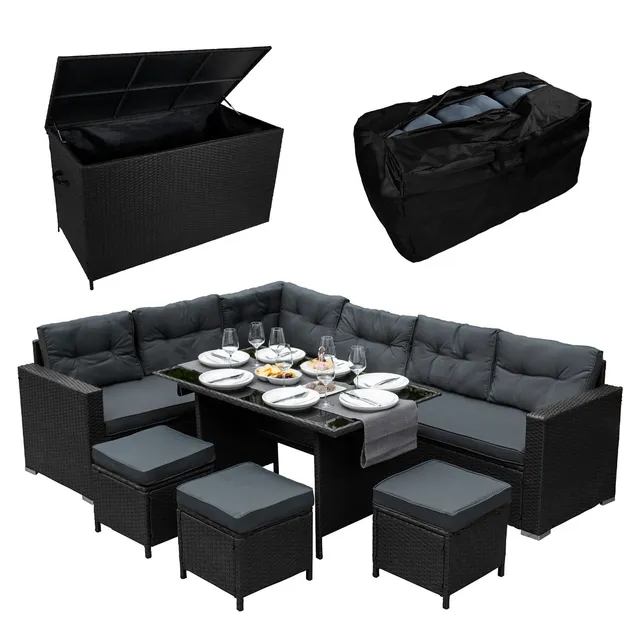 Q-Rax Set Angolare Rattan Nero 9 Posti con Box 582 L