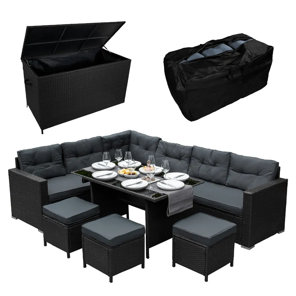 Q-Rax Set Angolare Rattan Nero 9 Posti con Box 582 L