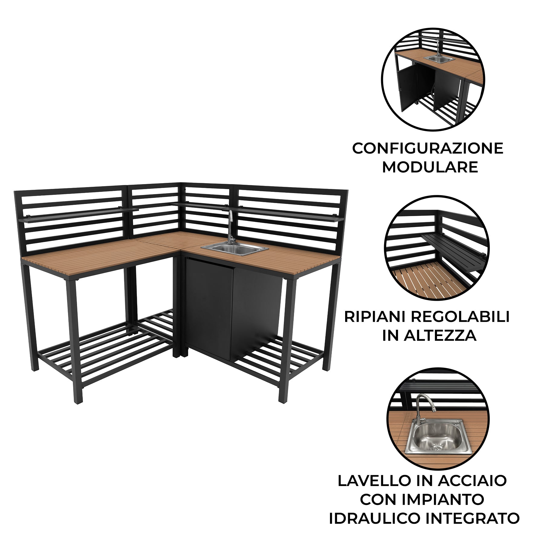 Q-Rax Mobili da Esterno Set Cucina Alluminio Lavello 3 Pezzi