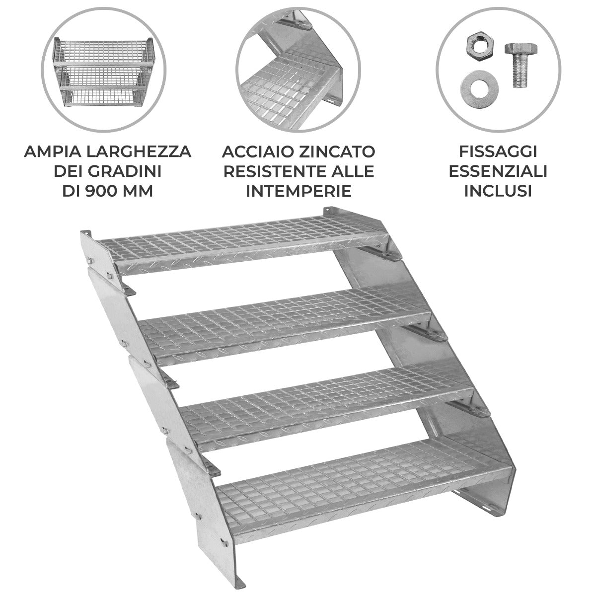 Q-Rax Scala Zincata 4 Gradini 900mm Componibile Acciaio