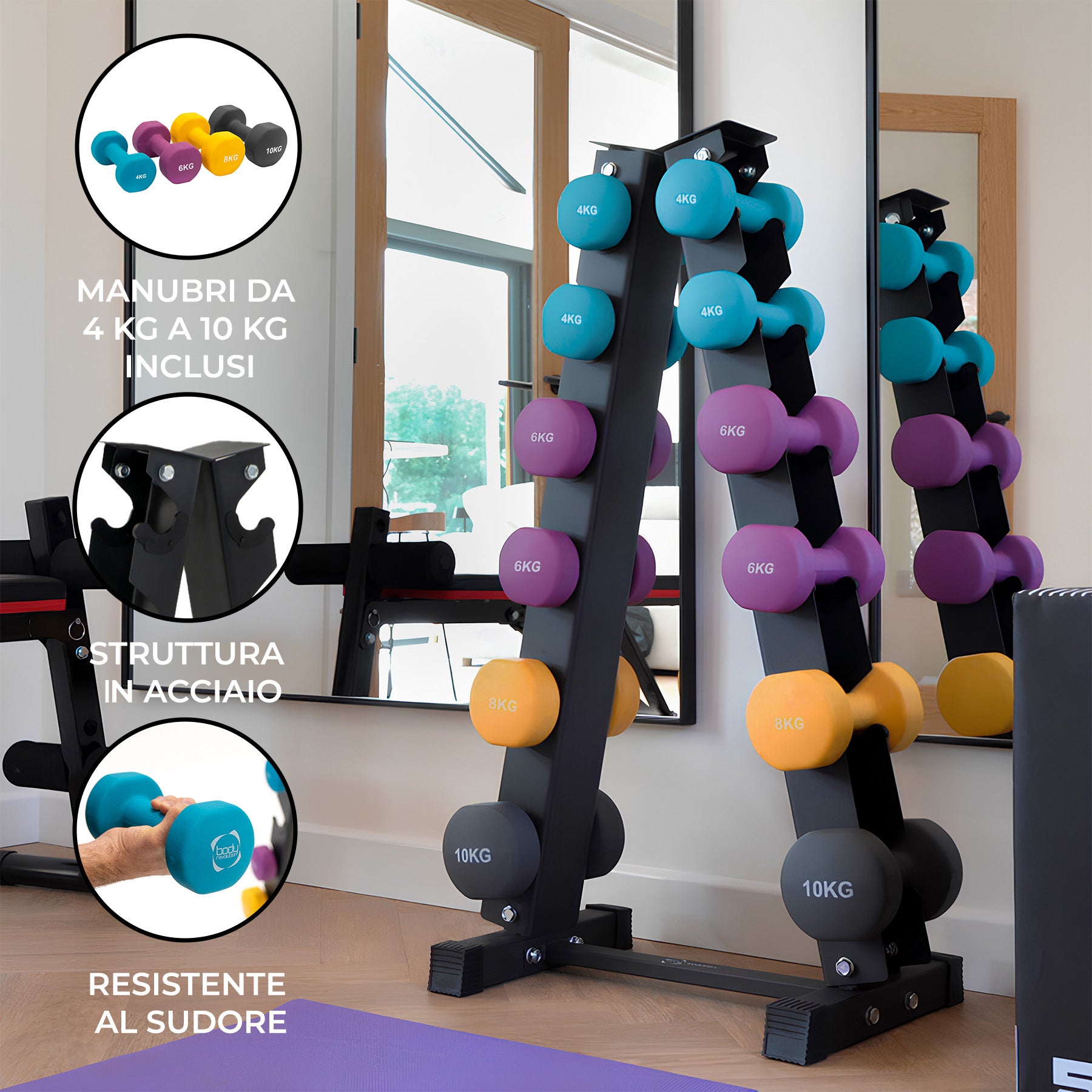 Q-Rax Allenamento Set Manubri Neoprene 4-10kg con Rack Acciaio