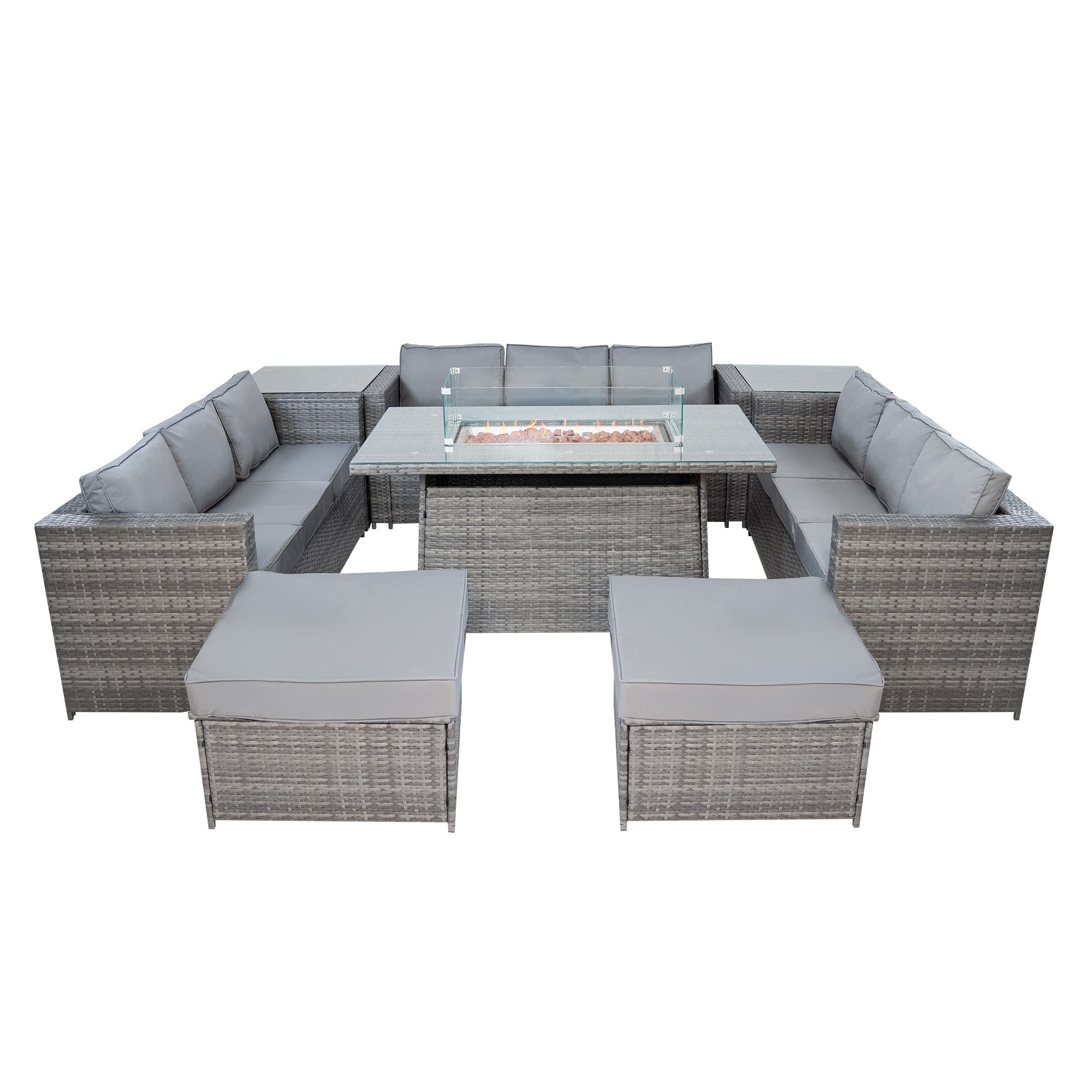 Q-Rax Set Mobili Giardino Rattan 11 Posti Grigio con Tavolo Firepit