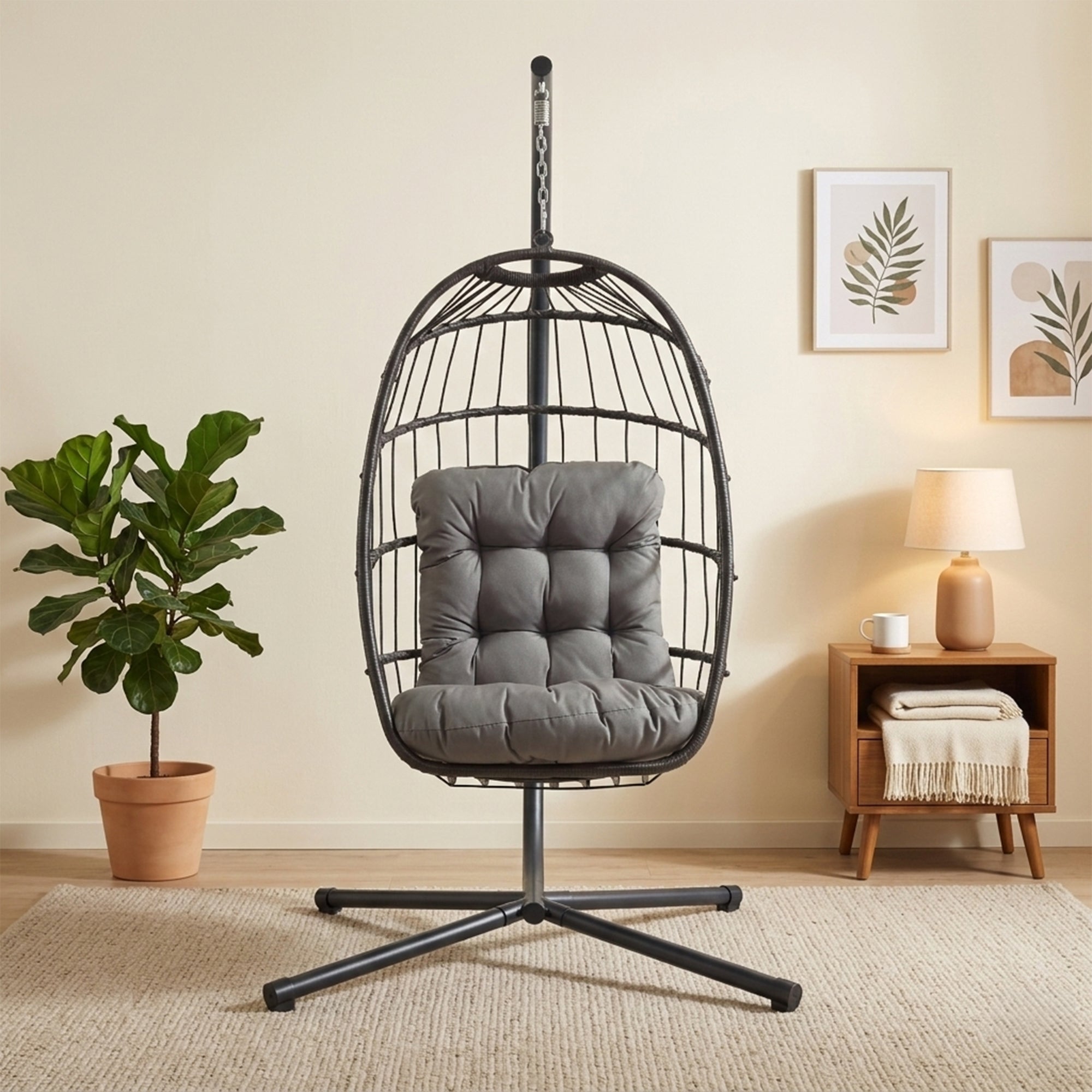 Q-Rax Poltrona Sospesa Uovo Rattan Nero con Struttura 150kg