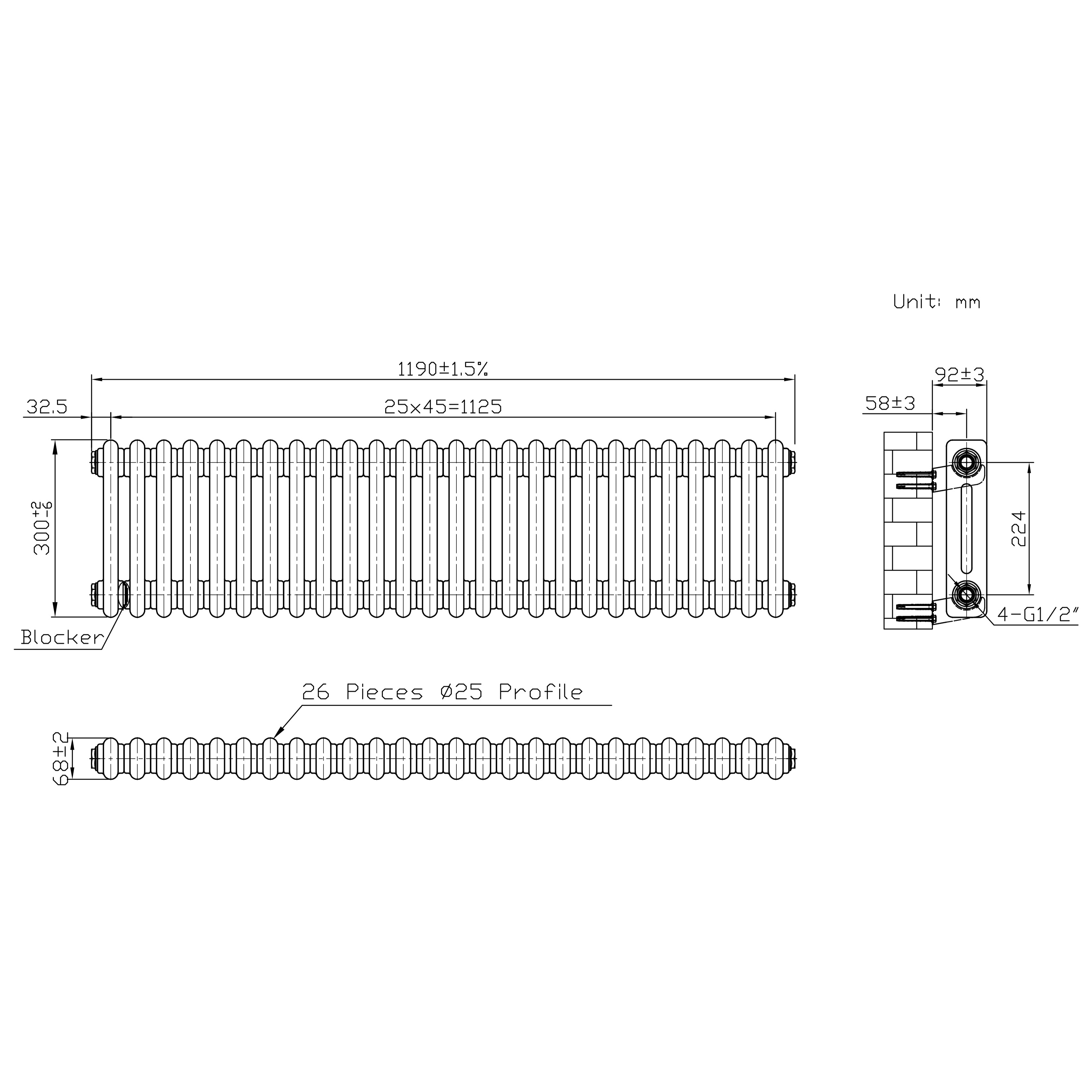 Q-Rax Radiatori Tradizionali 2 Colonne Termosifone 300x1090 Metallo Grezzo