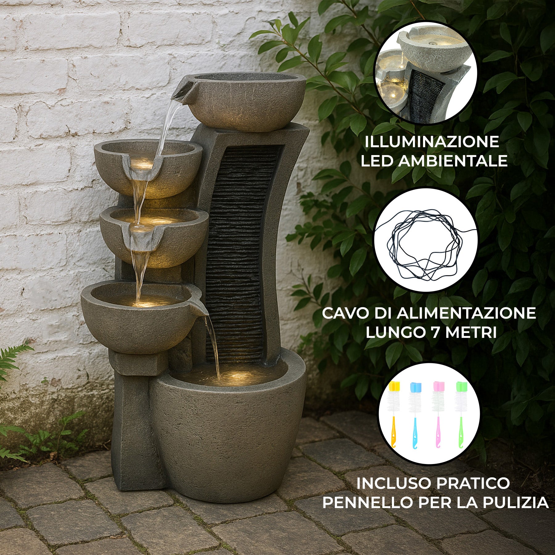 Q-Rax Sleek Streams Fontana da Giardino elettrica 5 ciotole LED