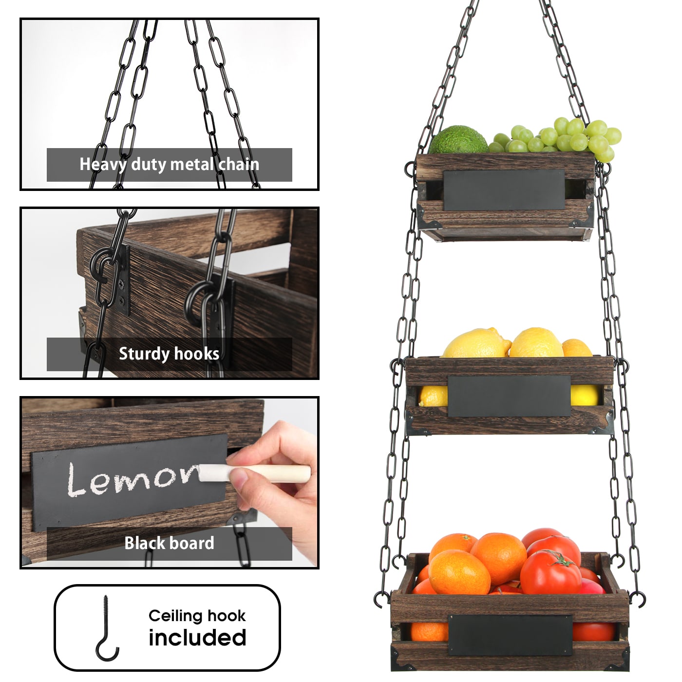 Jackcube Design Kitchen portafrutta appeso 3 piani legno rustico