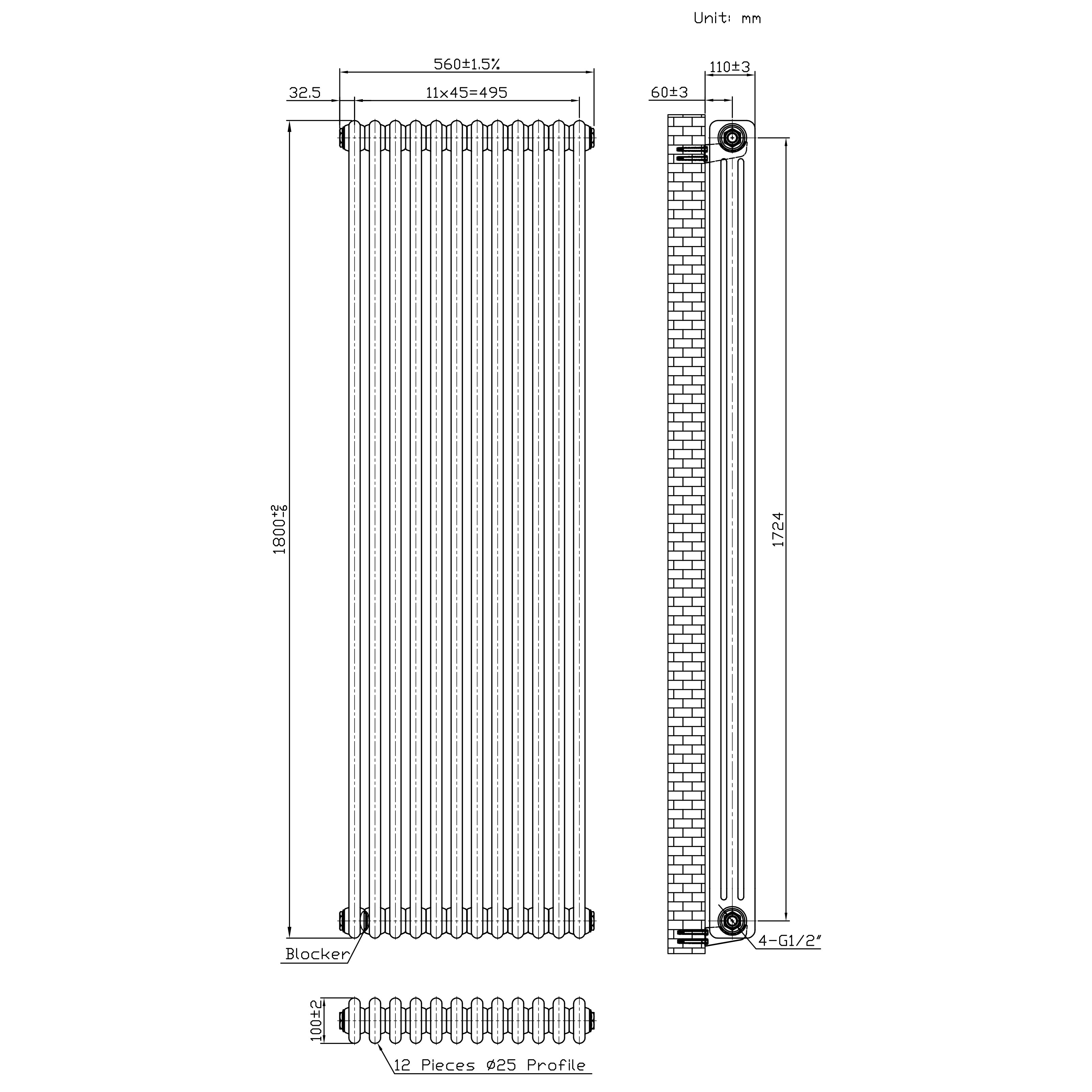 Q-Rax Tradizionali 1800x560 Termosifone 3 Colonne Grezzo