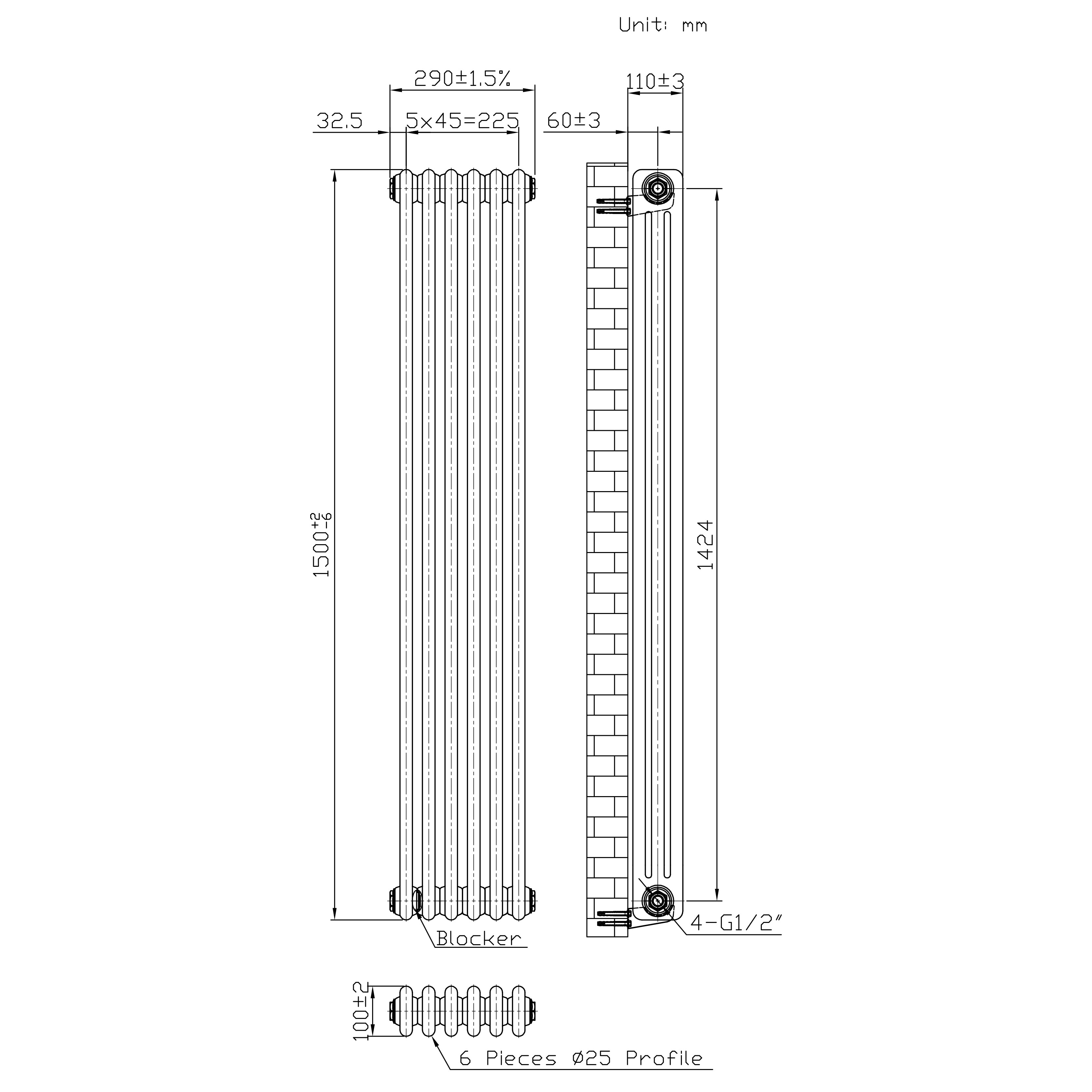 Q-Rax Radiatori Tradizionali radiatore 1500x290 metallo grezzo 3 colonne