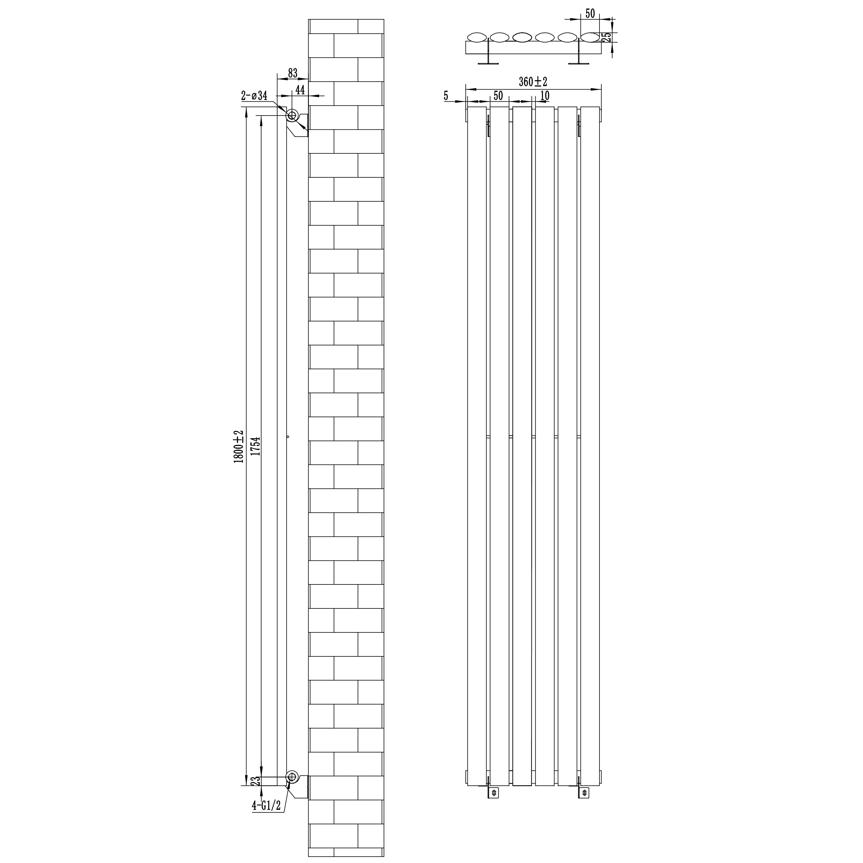 Q-Rax Radiatore Verticale 1800x360 Nero 3245 BTU
