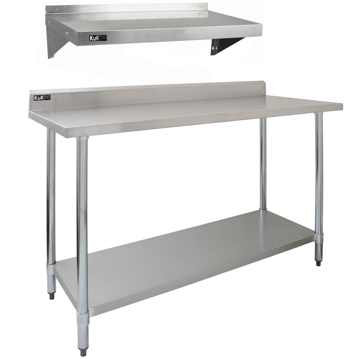 Q-Rax Tavolo Cucina Inox 150cm con 2 Mensole Muro 125cm