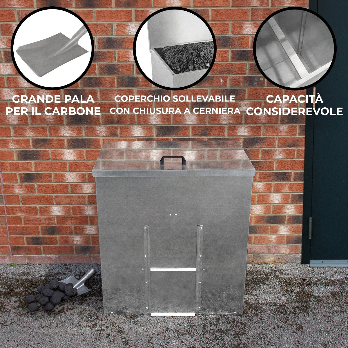 Q-Rax Deposito all'Aperto Bidone Carbone Legna 250 Kg 390 L Zincato