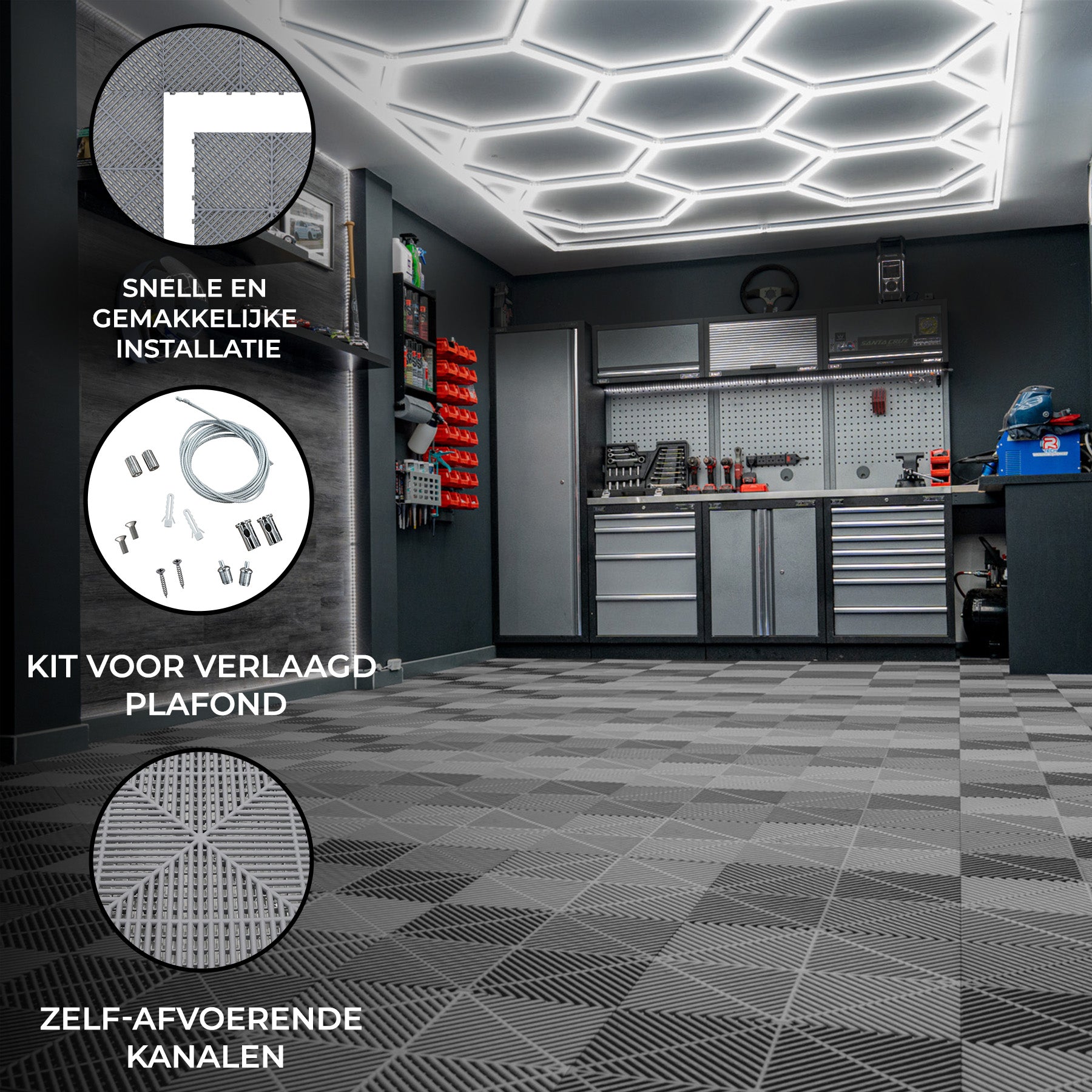 Q-Rax 120 Piastrelle Modulari Grigie + 14 LED Esagonali 6500K