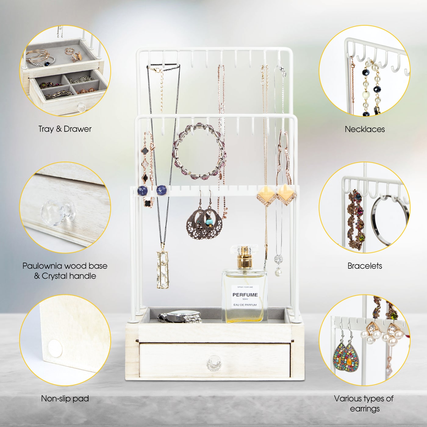 Jackcube Design Makeup & Jewelry espositore gioielli bianco rustico con cassetto