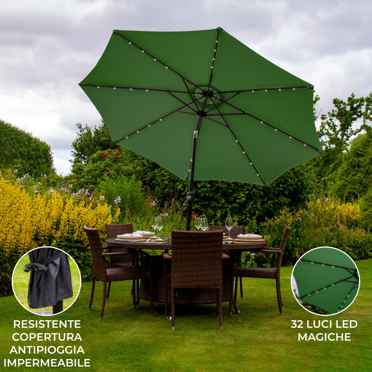 Q-Rax Ombrellone Giardino Inclinabile 2,7m Verde LED Solare