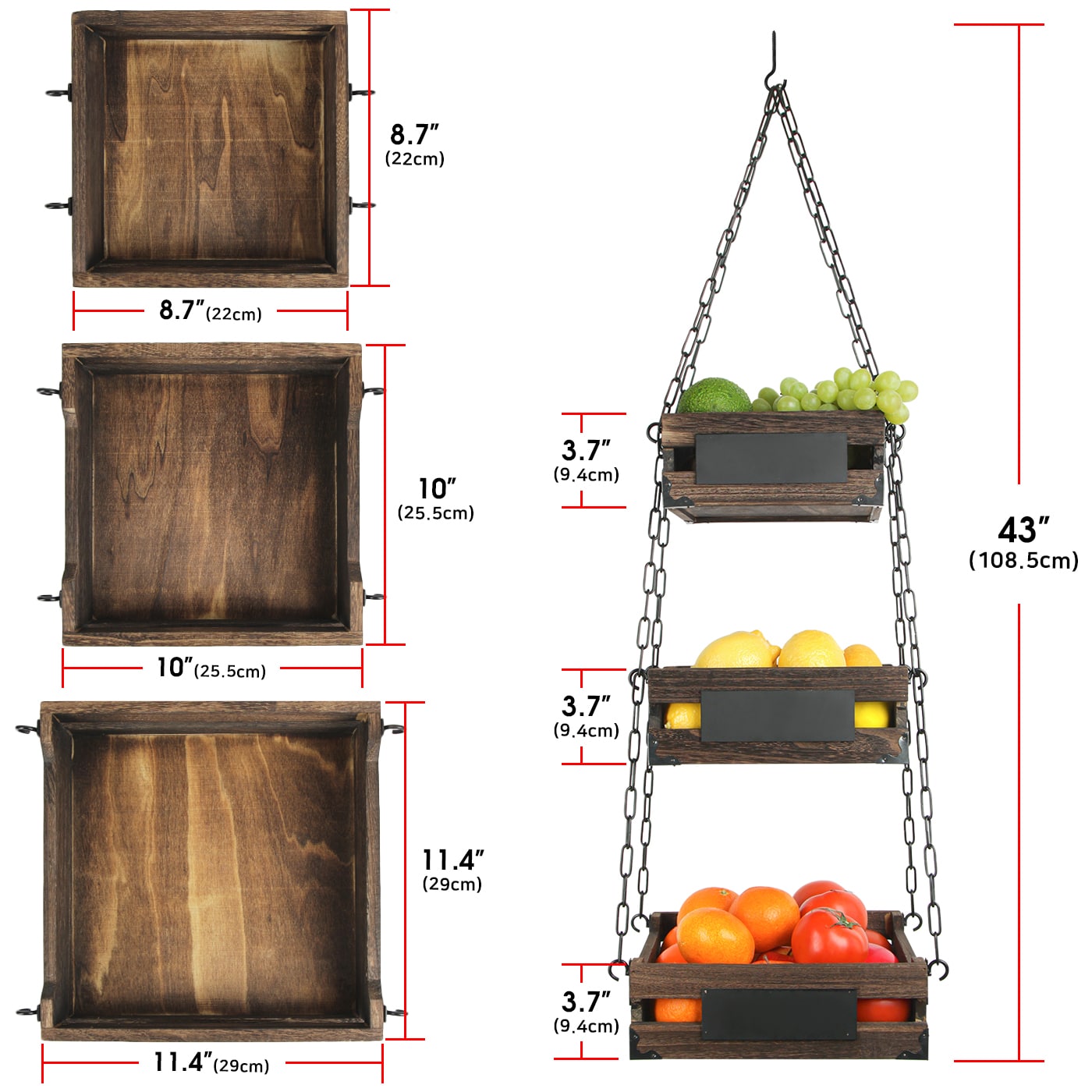 Jackcube Design Kitchen portafrutta appeso 3 piani legno rustico