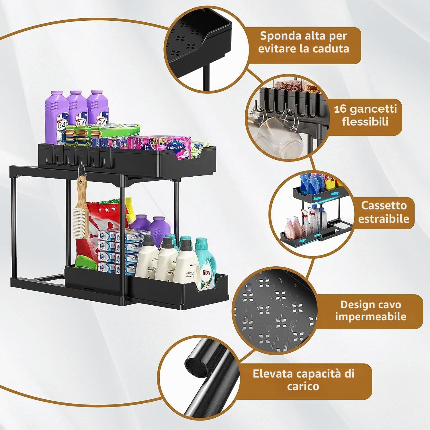 Meltrck Organizer Sottolavello 2 Pezzi Nero 2 Livelli con Ganci