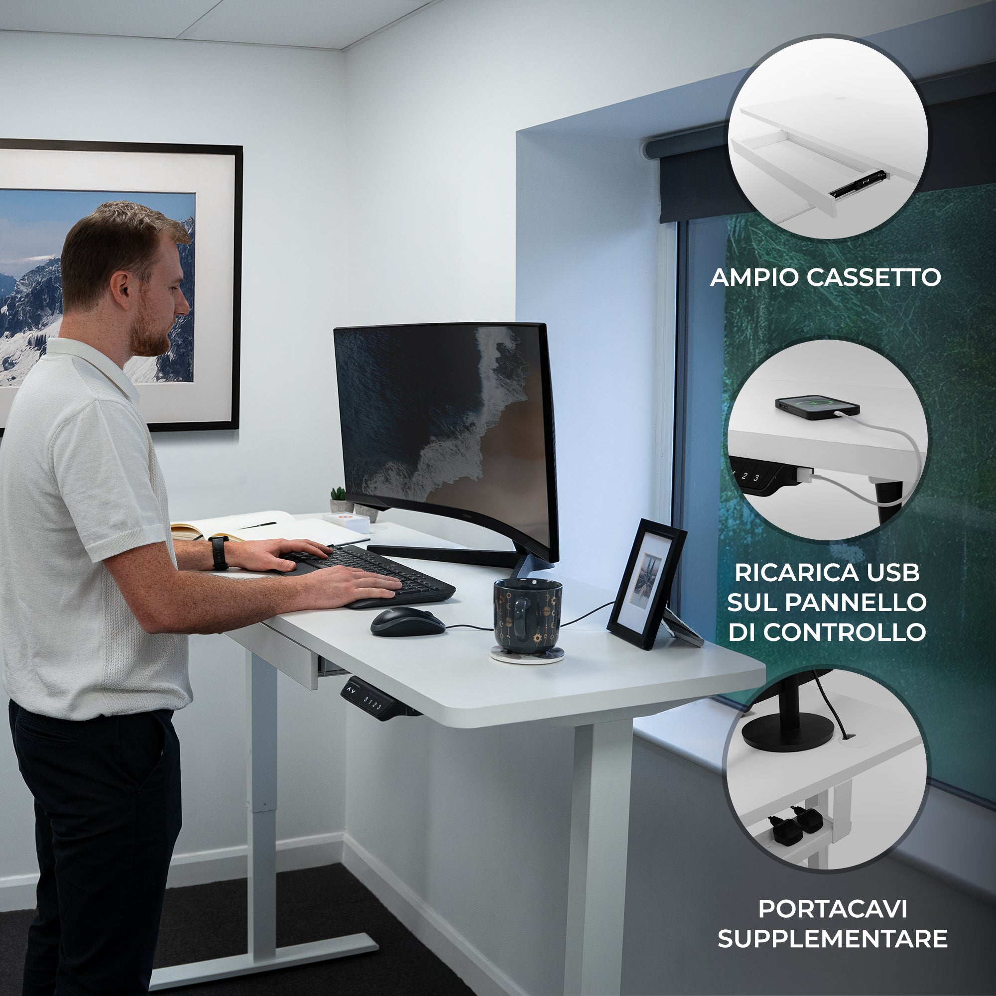 Q-Rax Scrivania Elettrica 160x60 Tavolo Bianco con Cassetto USB